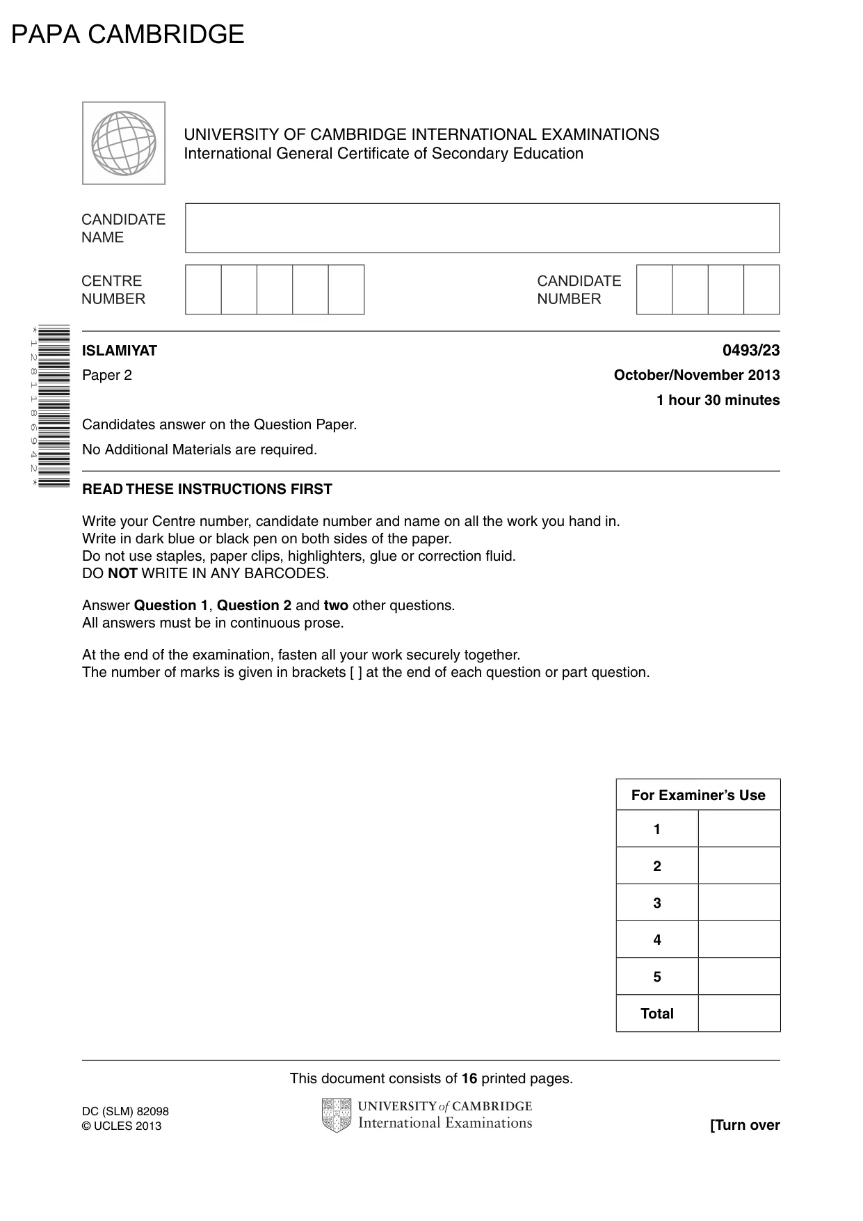 Cambridge IGCSE Islamiyat 0493 2013 Oct/Nov Paper 2 · Variant 3 question paper, page 1 of 16