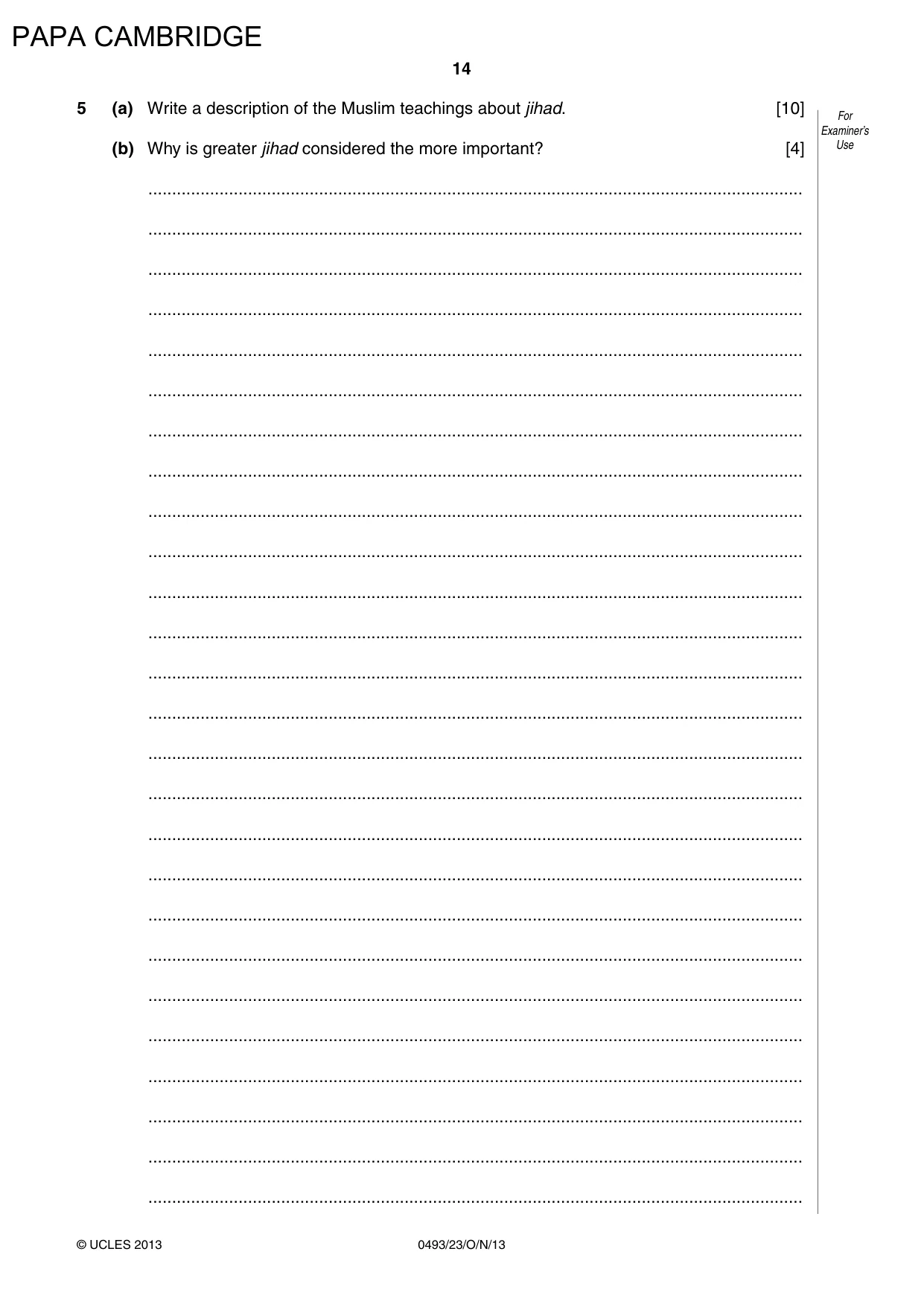 Cambridge IGCSE Islamiyat 0493 2013 Oct/Nov Paper 2 · Variant 3 question paper, page 14 of 16