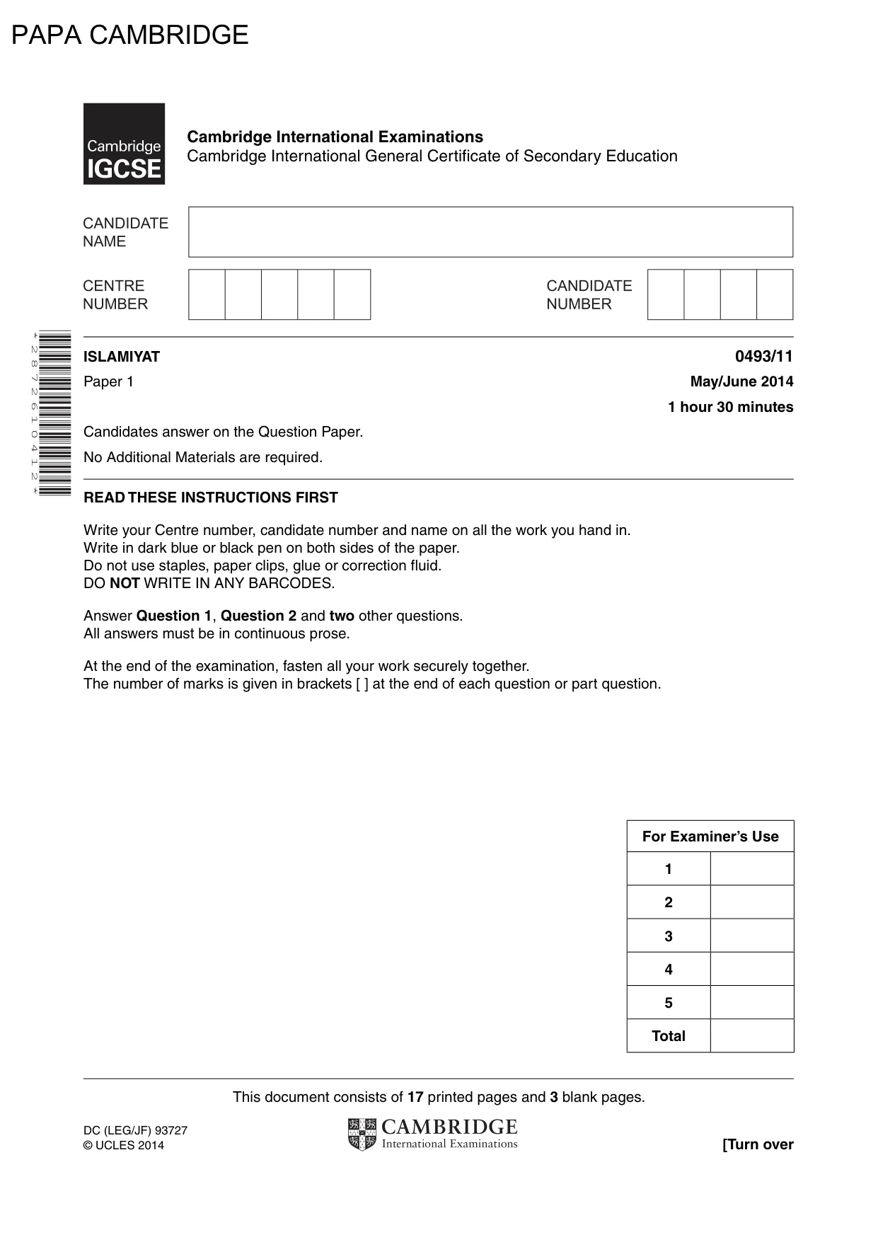 Cambridge IGCSE Islamiyat 0493 2014 May/June Paper 1 · Variant 1 question paper, page 1 of 20