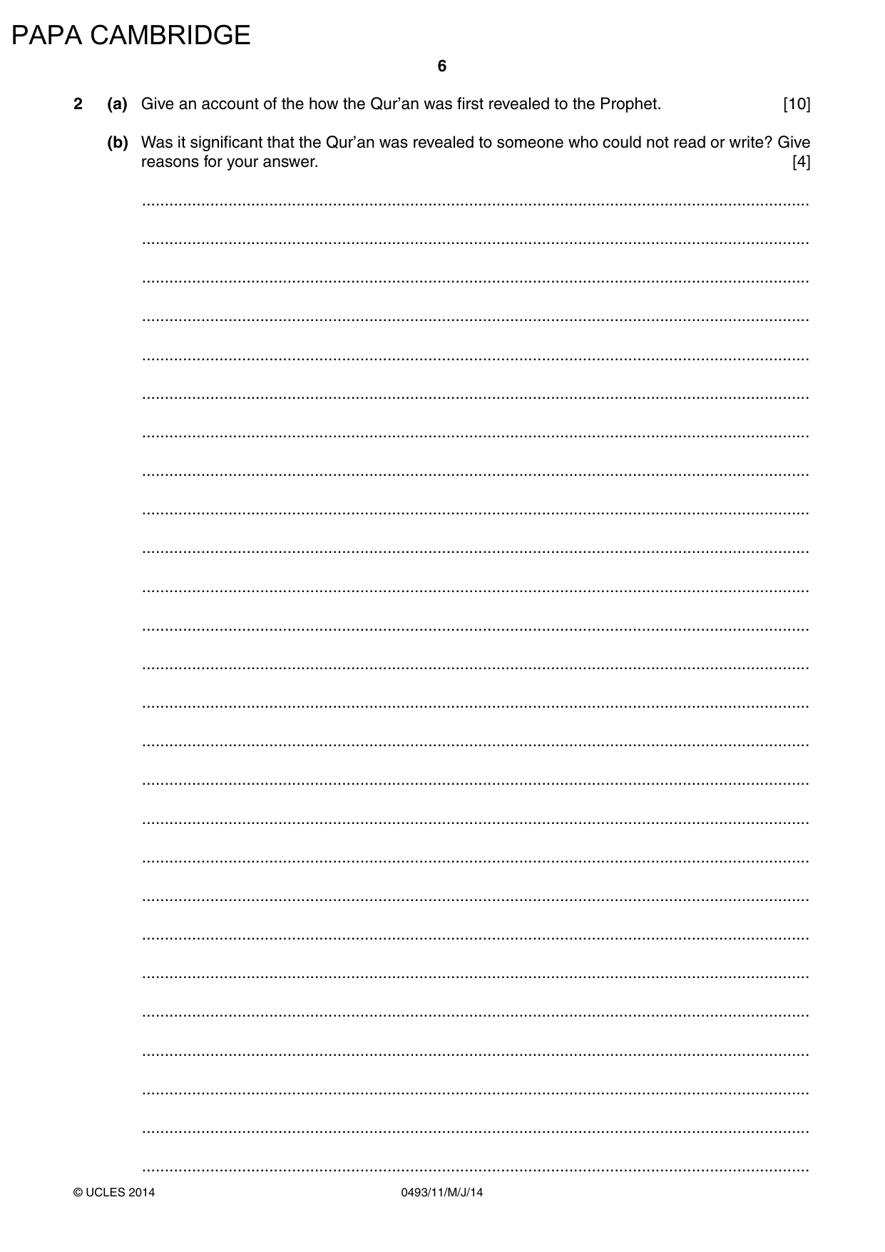 Cambridge IGCSE Islamiyat 0493 2014 May/June Paper 1 · Variant 1 question paper, page 6 of 20