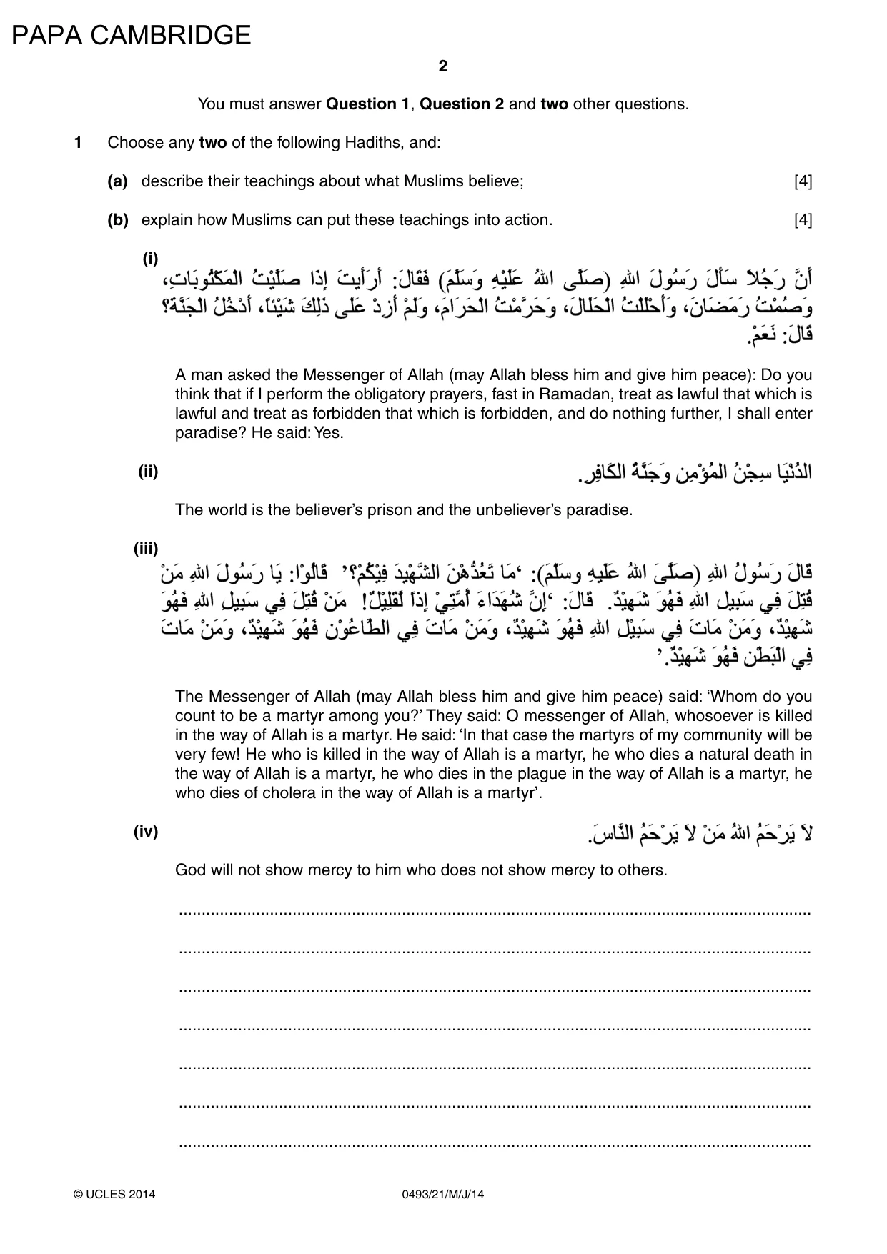Cambridge IGCSE Islamiyat 0493 2014 May/June Paper 2 · Variant 1 question paper, page 2 of 16