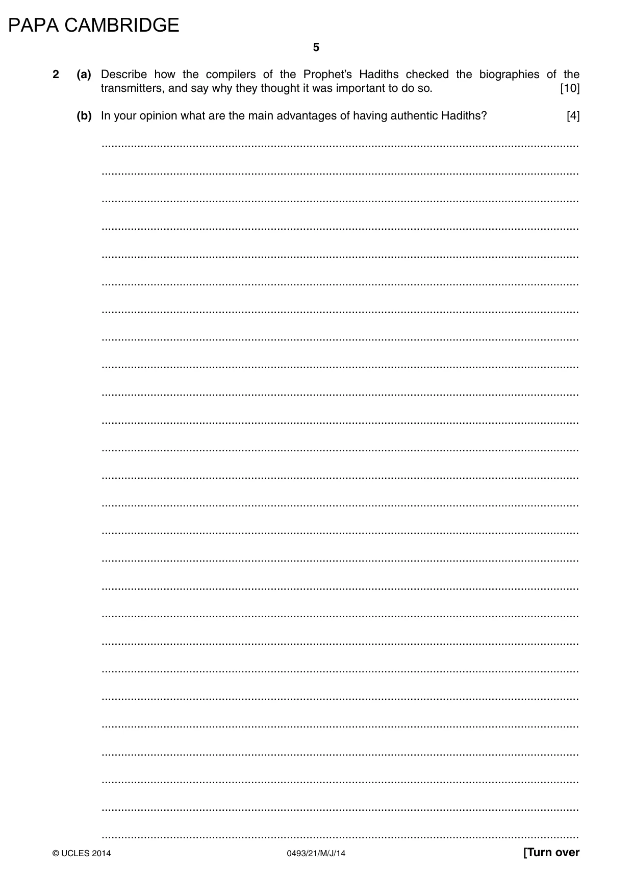 Cambridge IGCSE Islamiyat 0493 2014 May/June Paper 2 · Variant 1 question paper, page 5 of 16