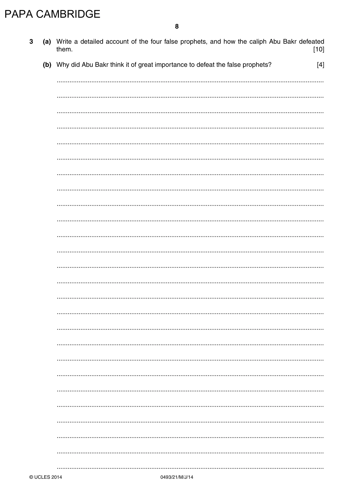 Cambridge IGCSE Islamiyat 0493 2014 May/June Paper 2 · Variant 1 question paper, page 8 of 16