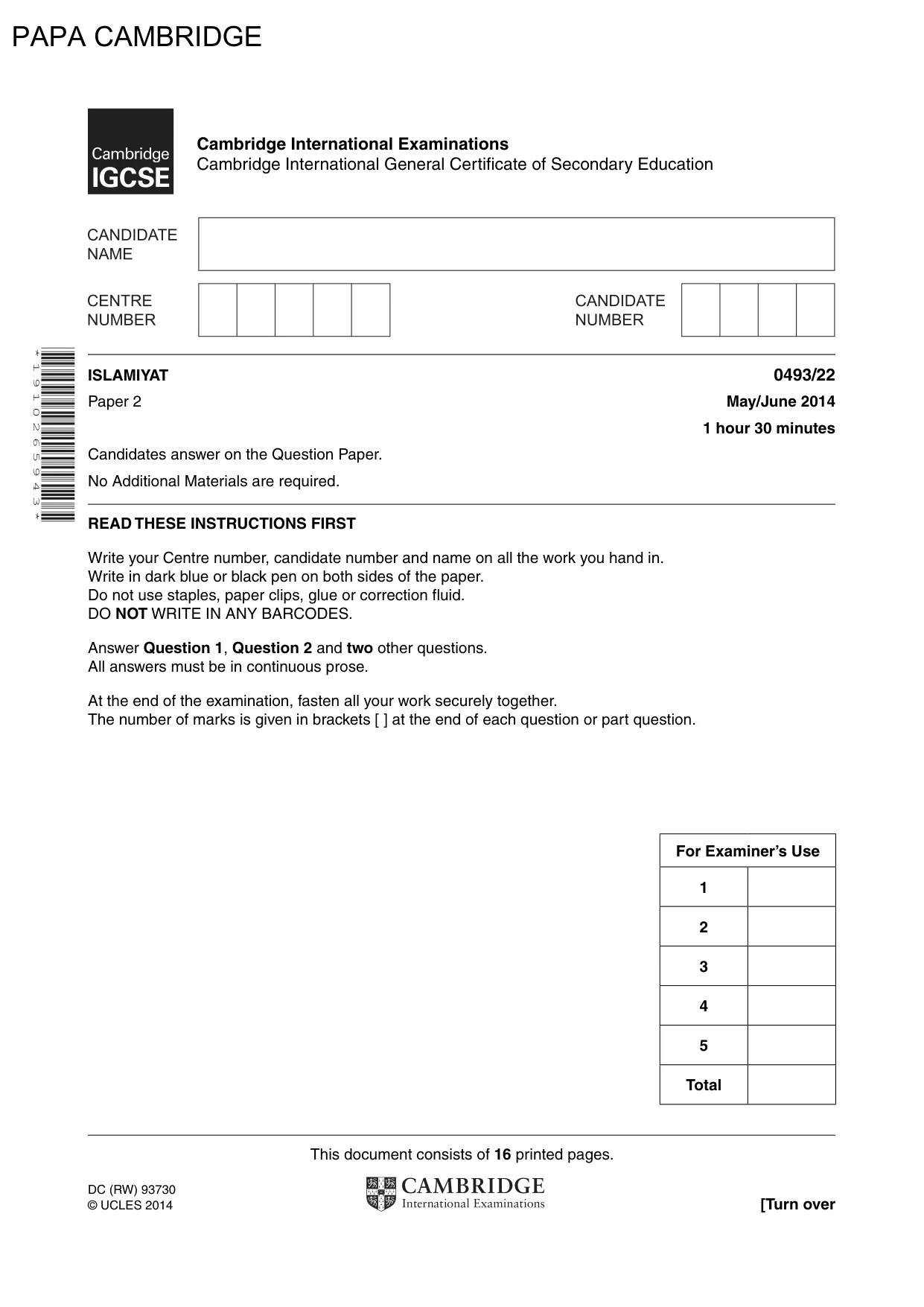 Cambridge IGCSE Islamiyat 0493 2014 May/June Paper 2 · Variant 2 question paper, page 1 of 16