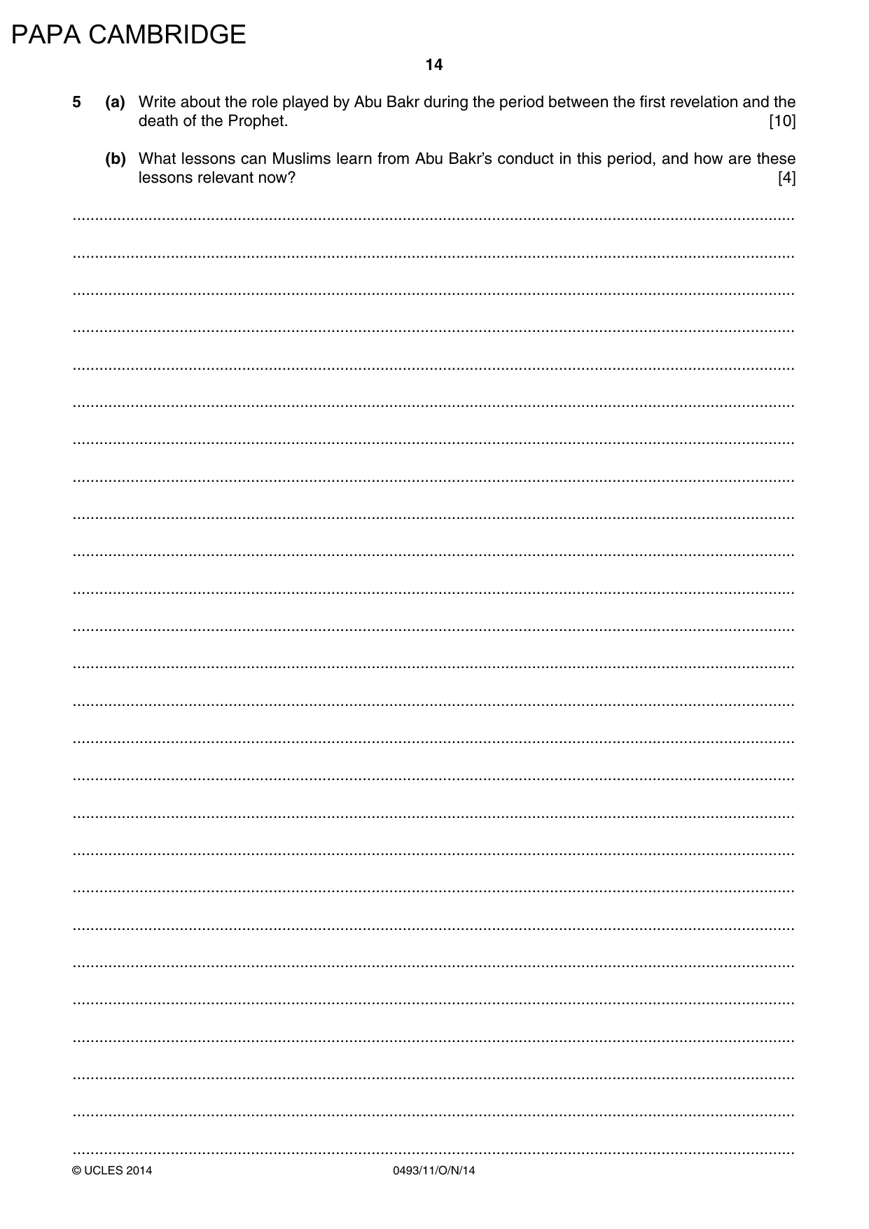 Cambridge IGCSE Islamiyat 0493 2014 Oct/Nov Paper 1 · Variant 1 question paper, page 14 of 16