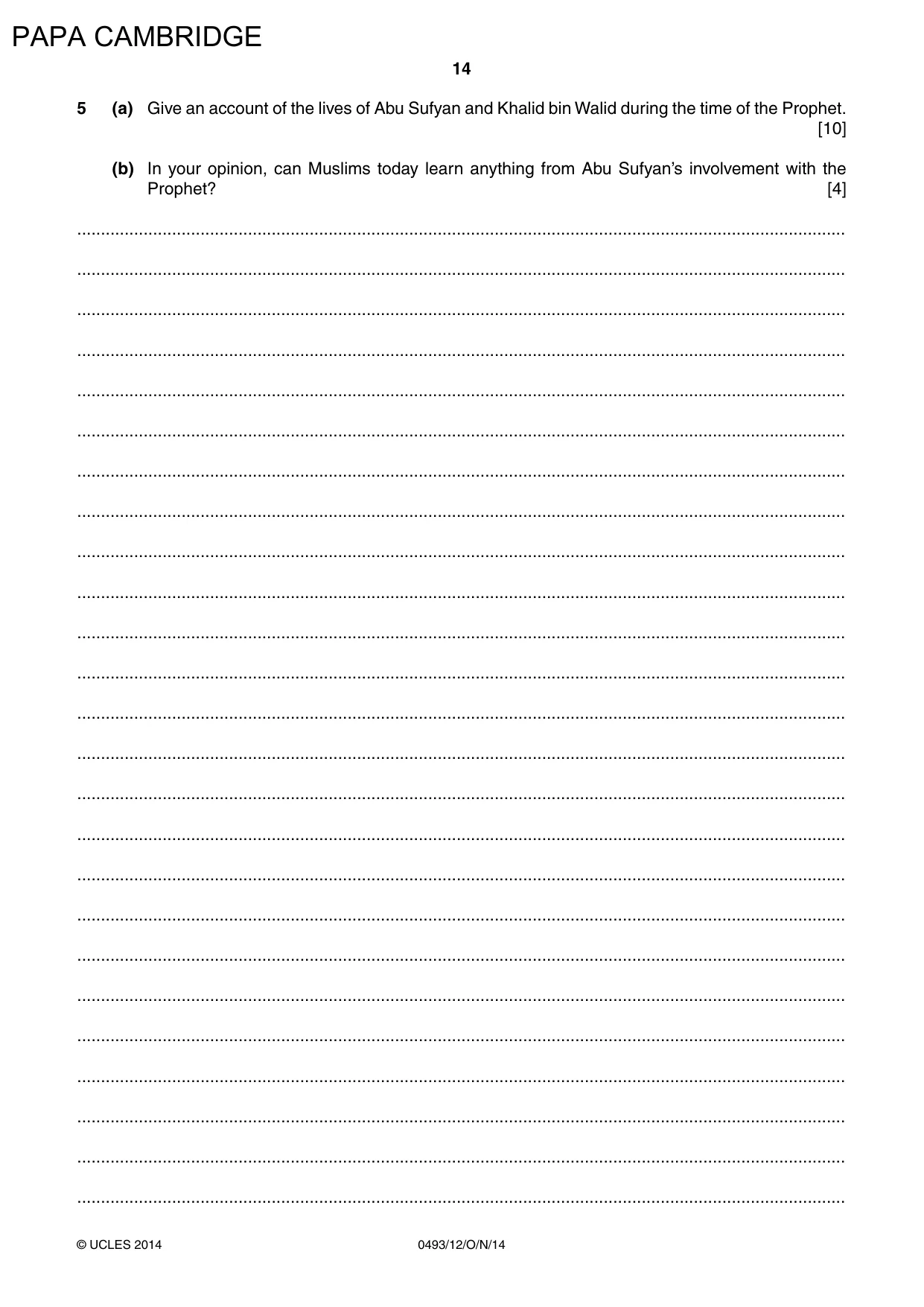 Cambridge IGCSE Islamiyat 0493 2014 Oct/Nov Paper 1 · Variant 2 question paper, page 14 of 16