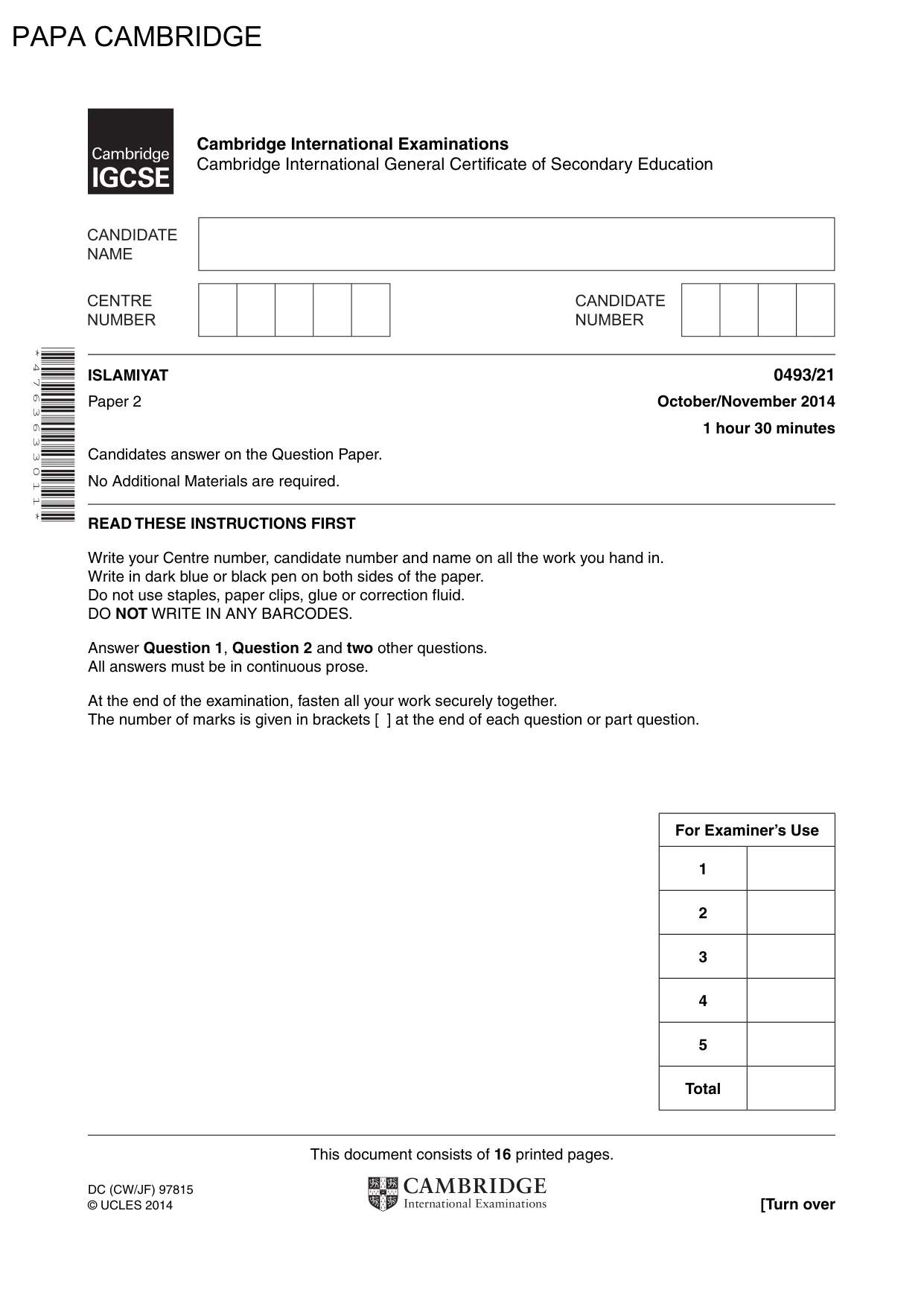 Cambridge IGCSE Islamiyat 0493 2014 Oct/Nov Paper 2 · Variant 1 question paper, page 1 of 16
