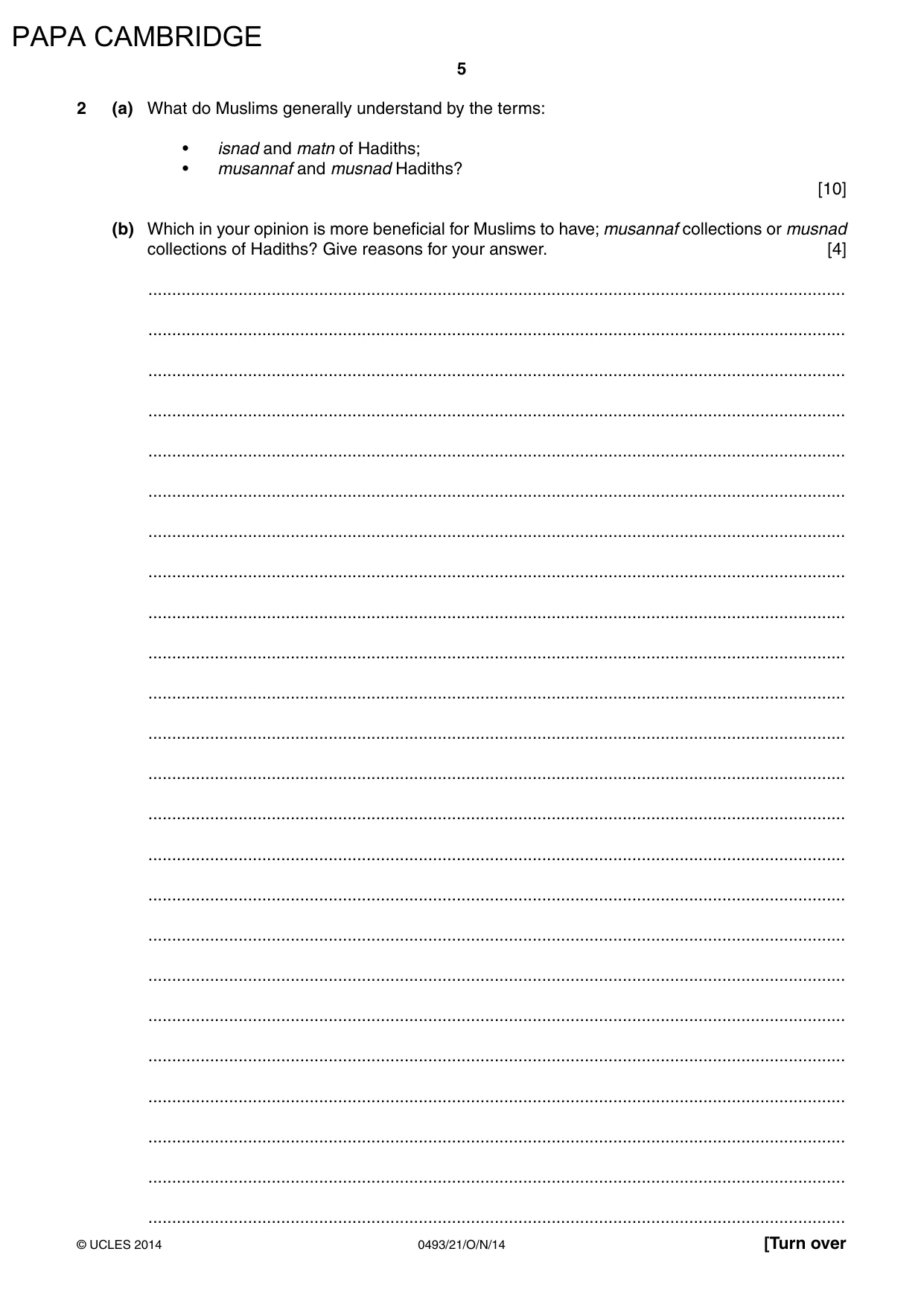 Cambridge IGCSE Islamiyat 0493 2014 Oct/Nov Paper 2 · Variant 1 question paper, page 5 of 16