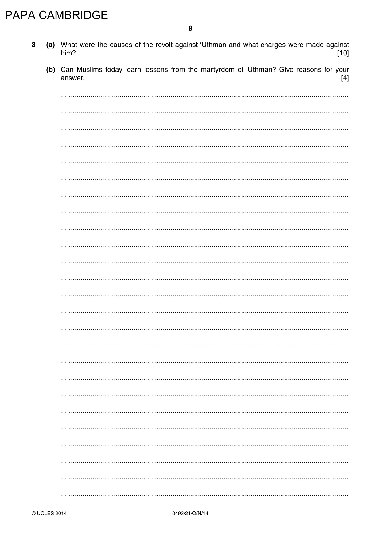 Cambridge IGCSE Islamiyat 0493 2014 Oct/Nov Paper 2 · Variant 1 question paper, page 8 of 16