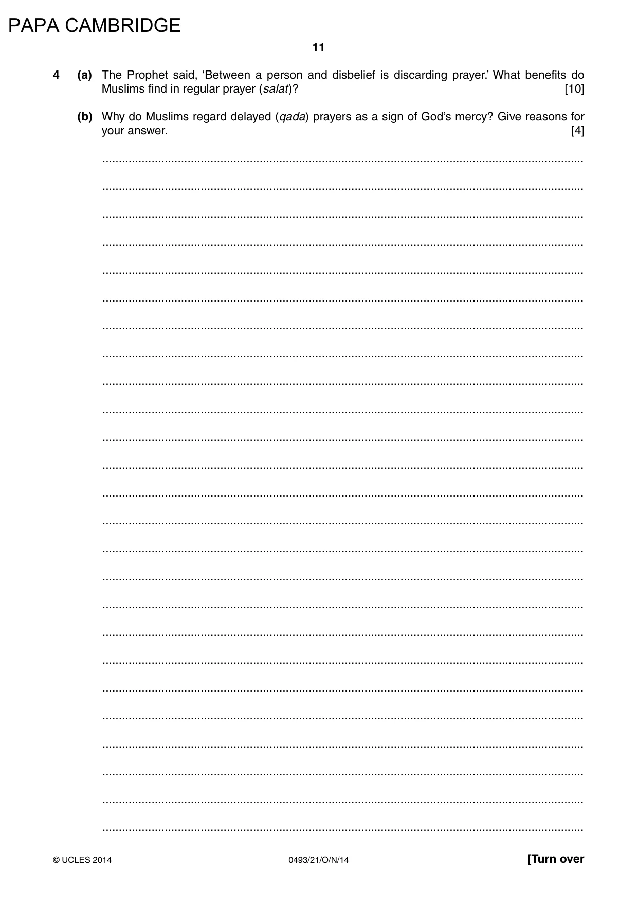 Cambridge IGCSE Islamiyat 0493 2014 Oct/Nov Paper 2 · Variant 1 question paper, page 11 of 16