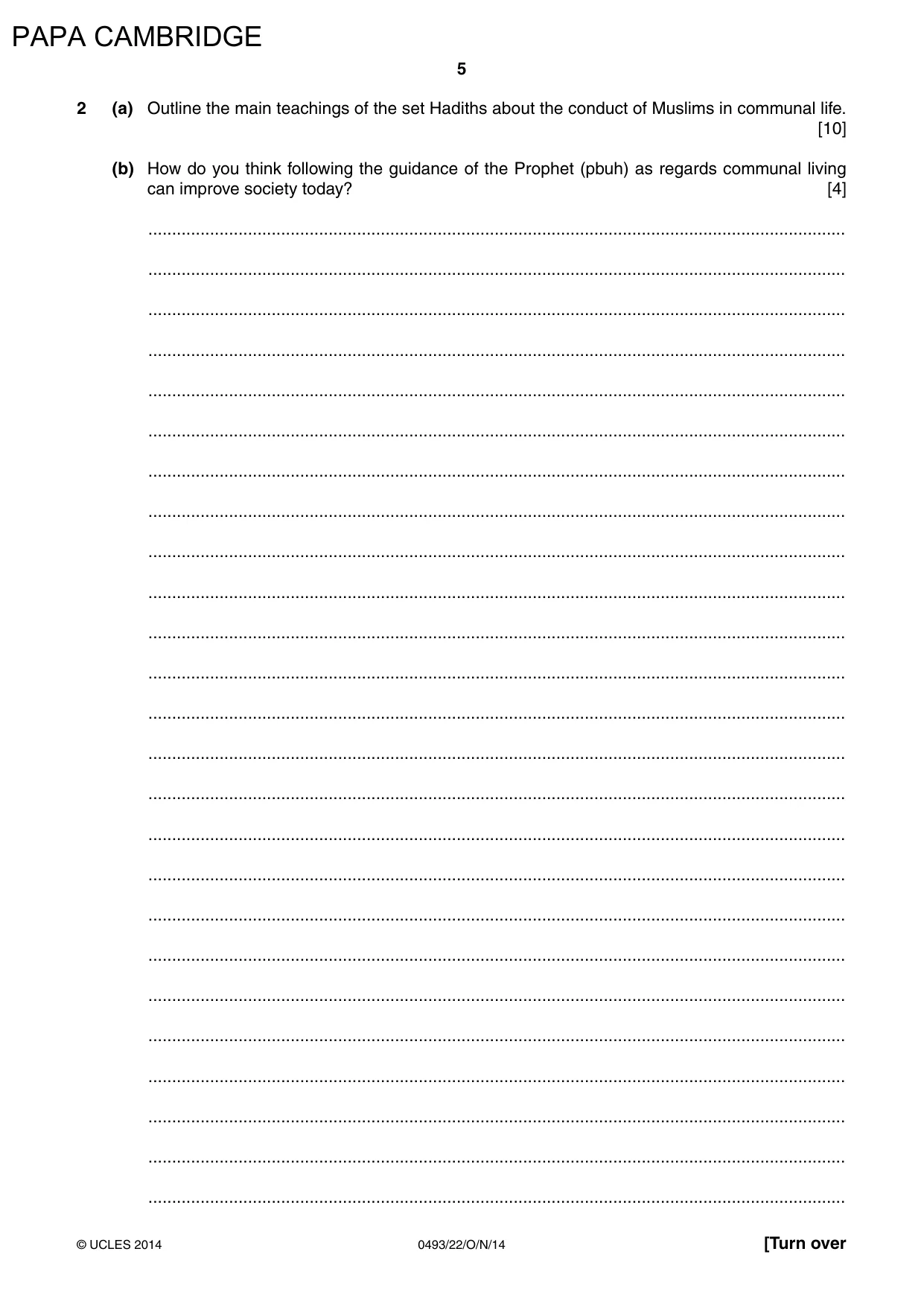 Cambridge IGCSE Islamiyat 0493 2014 Oct/Nov Paper 2 · Variant 2 question paper, page 5 of 16