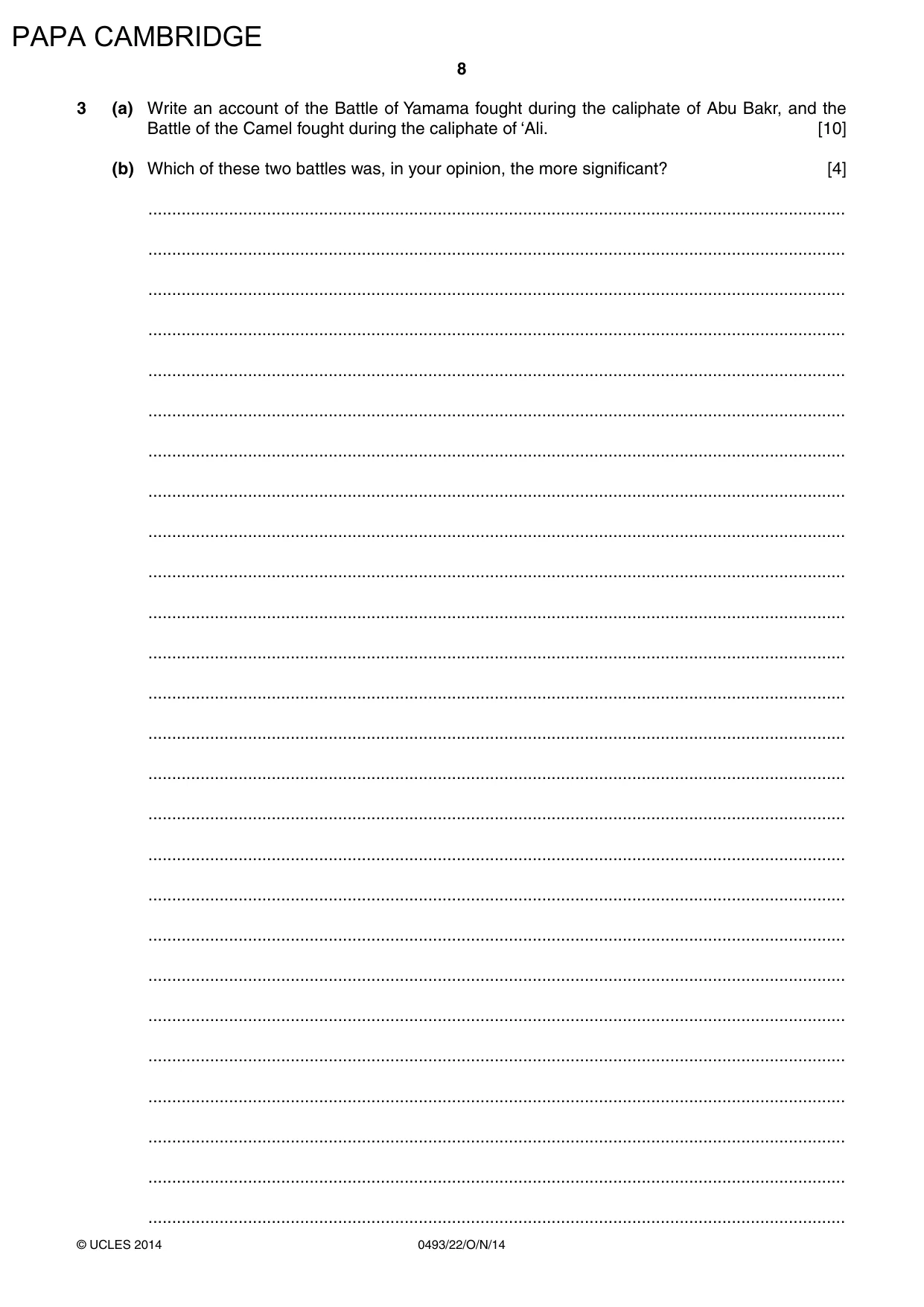 Cambridge IGCSE Islamiyat 0493 2014 Oct/Nov Paper 2 · Variant 2 question paper, page 8 of 16