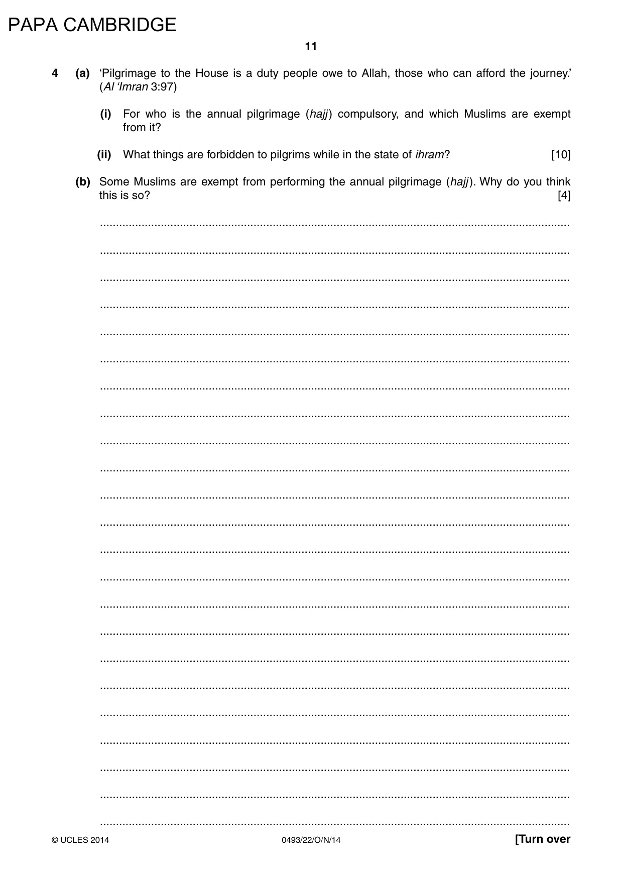 Cambridge IGCSE Islamiyat 0493 2014 Oct/Nov Paper 2 · Variant 2 question paper, page 11 of 16