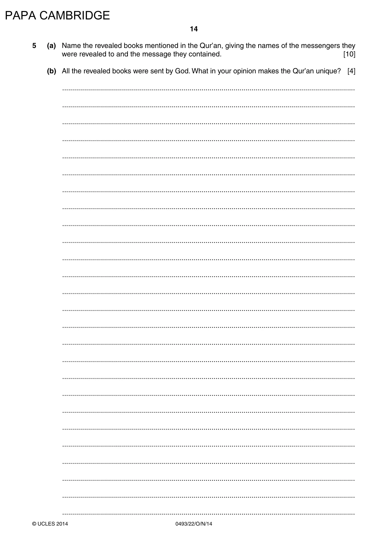 Cambridge IGCSE Islamiyat 0493 2014 Oct/Nov Paper 2 · Variant 2 question paper, page 14 of 16