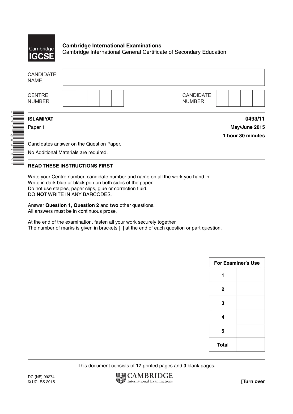 Cambridge IGCSE Islamiyat 0493 2015 May/June Paper 1 · Variant 1 question paper, page 1 of 20