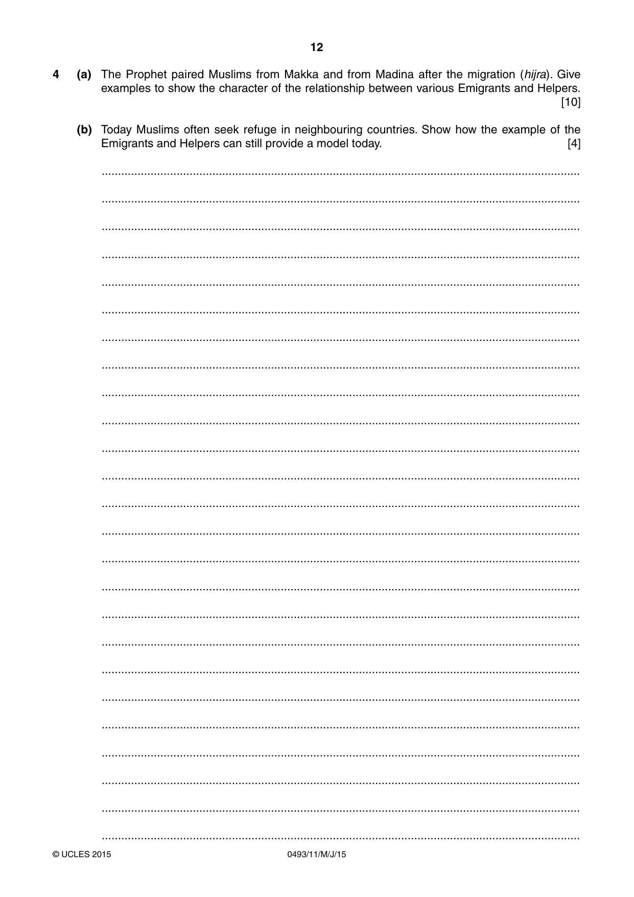 Cambridge IGCSE Islamiyat 0493 2015 May/June Paper 1 · Variant 1 question paper, page 12 of 20