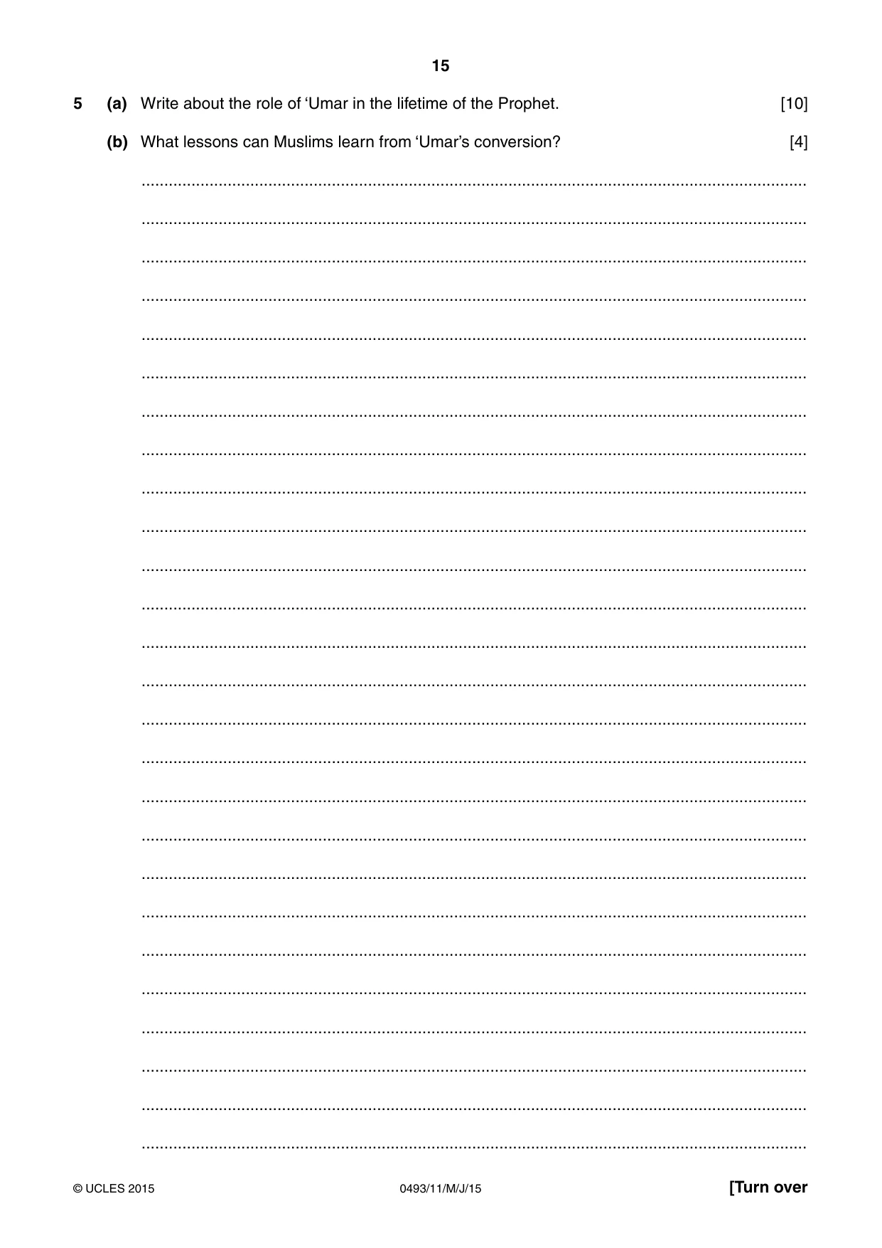 Cambridge IGCSE Islamiyat 0493 2015 May/June Paper 1 · Variant 1 question paper, page 15 of 20