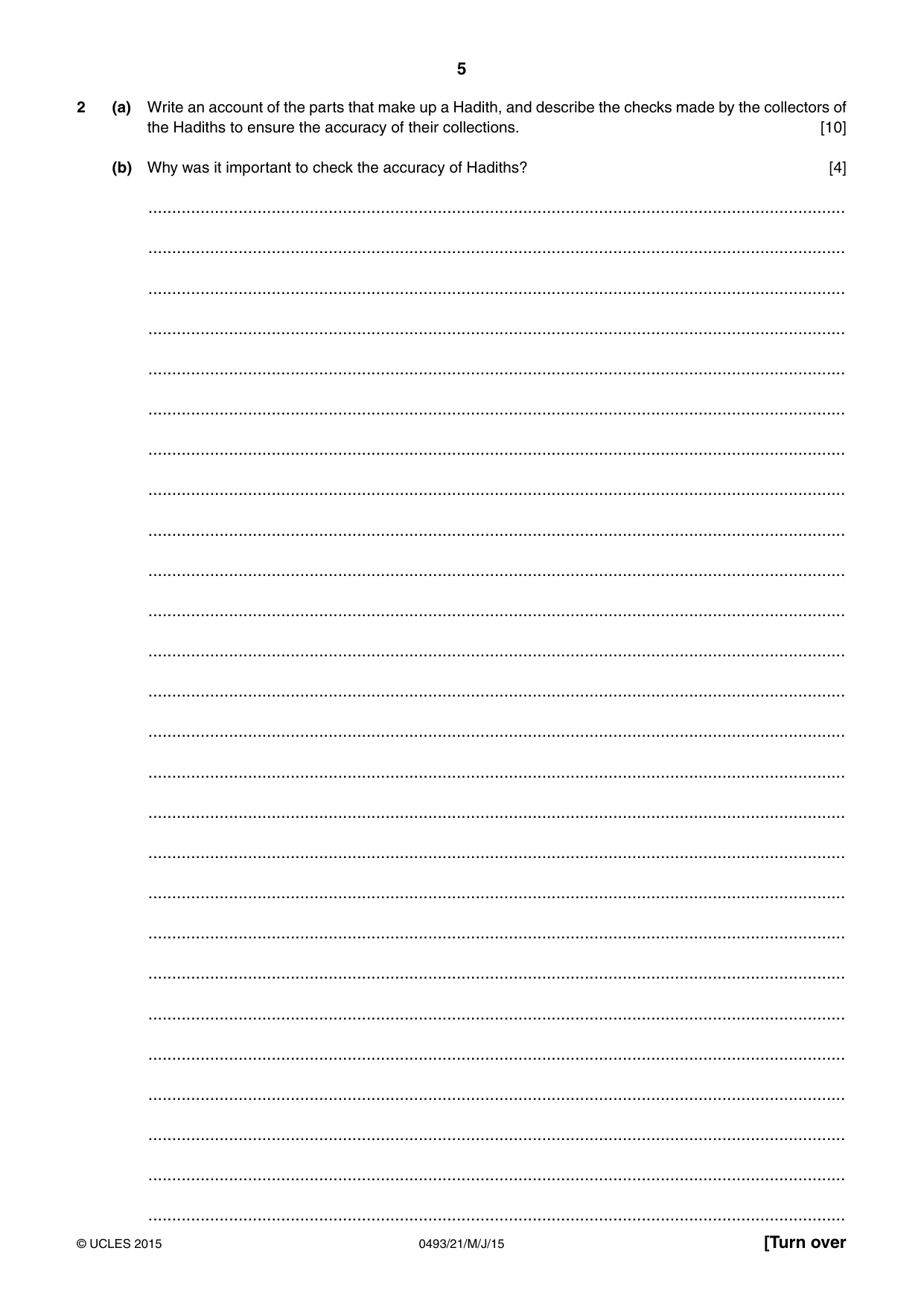 Cambridge IGCSE Islamiyat 0493 2015 May/June Paper 2 · Variant 1 question paper, page 5 of 16