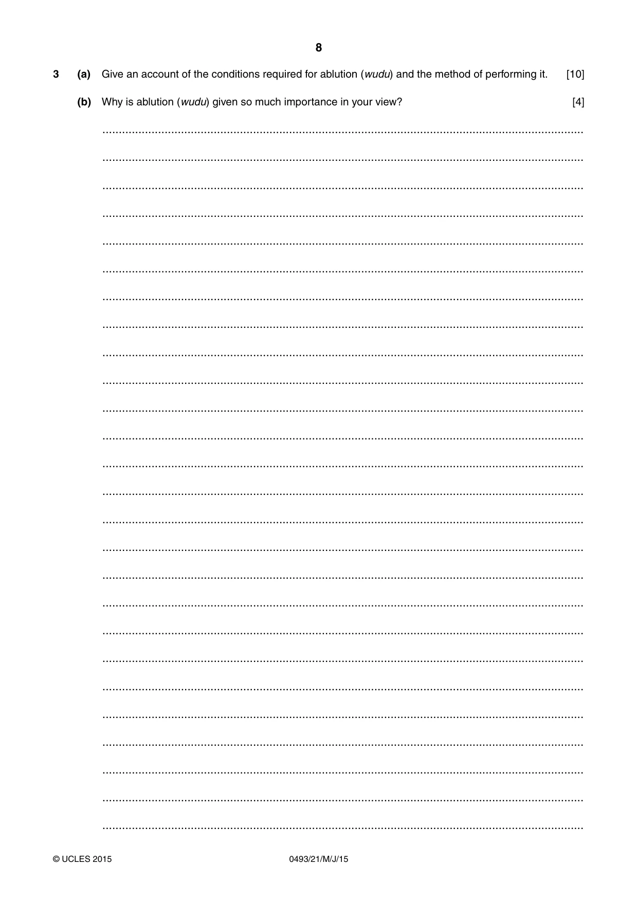 Cambridge IGCSE Islamiyat 0493 2015 May/June Paper 2 · Variant 1 question paper, page 8 of 16