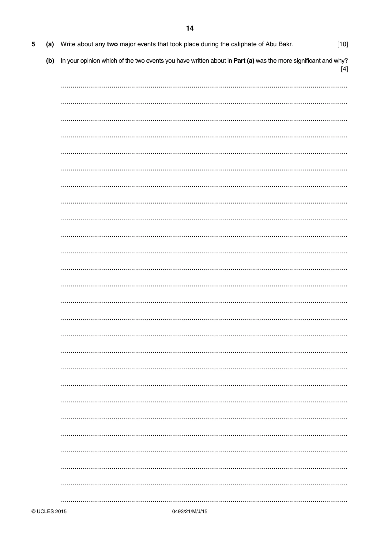 Cambridge IGCSE Islamiyat 0493 2015 May/June Paper 2 · Variant 1 question paper, page 14 of 16