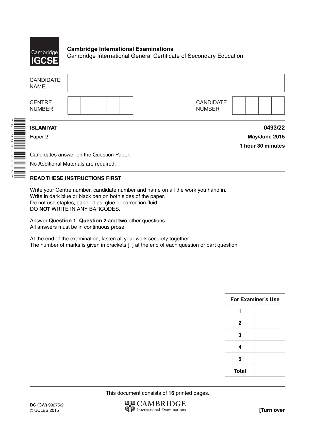 Cambridge IGCSE Islamiyat 0493 2015 May/June Paper 2 · Variant 2 question paper, page 1 of 16