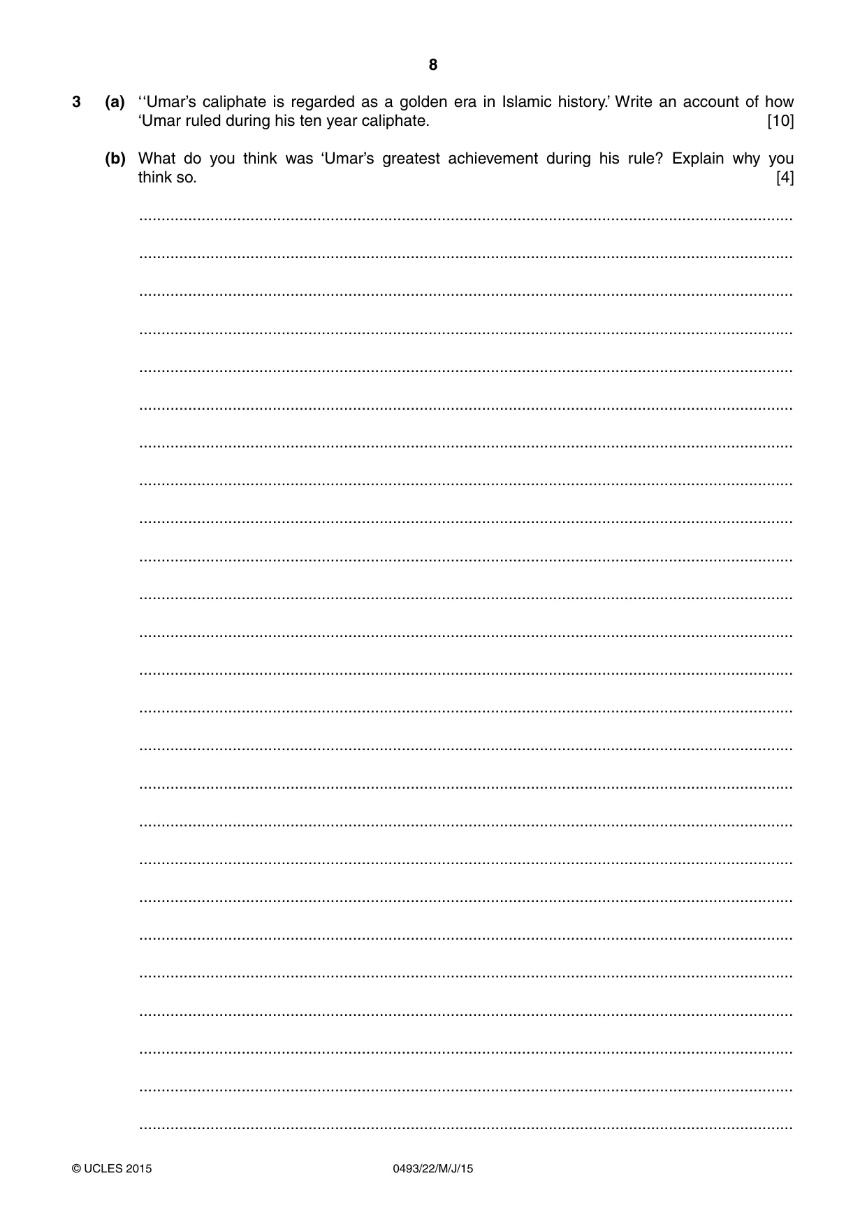 Cambridge IGCSE Islamiyat 0493 2015 May/June Paper 2 · Variant 2 question paper, page 8 of 16
