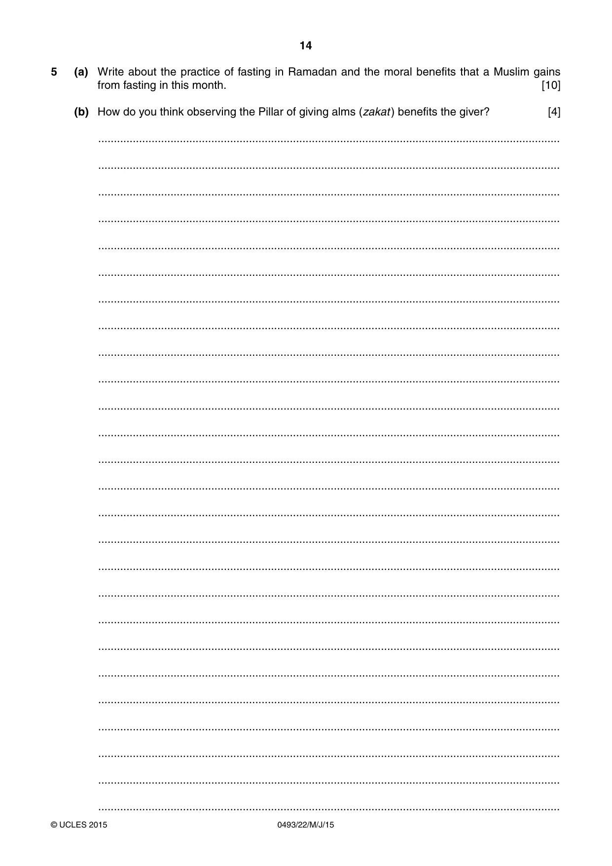 Cambridge IGCSE Islamiyat 0493 2015 May/June Paper 2 · Variant 2 question paper, page 14 of 16