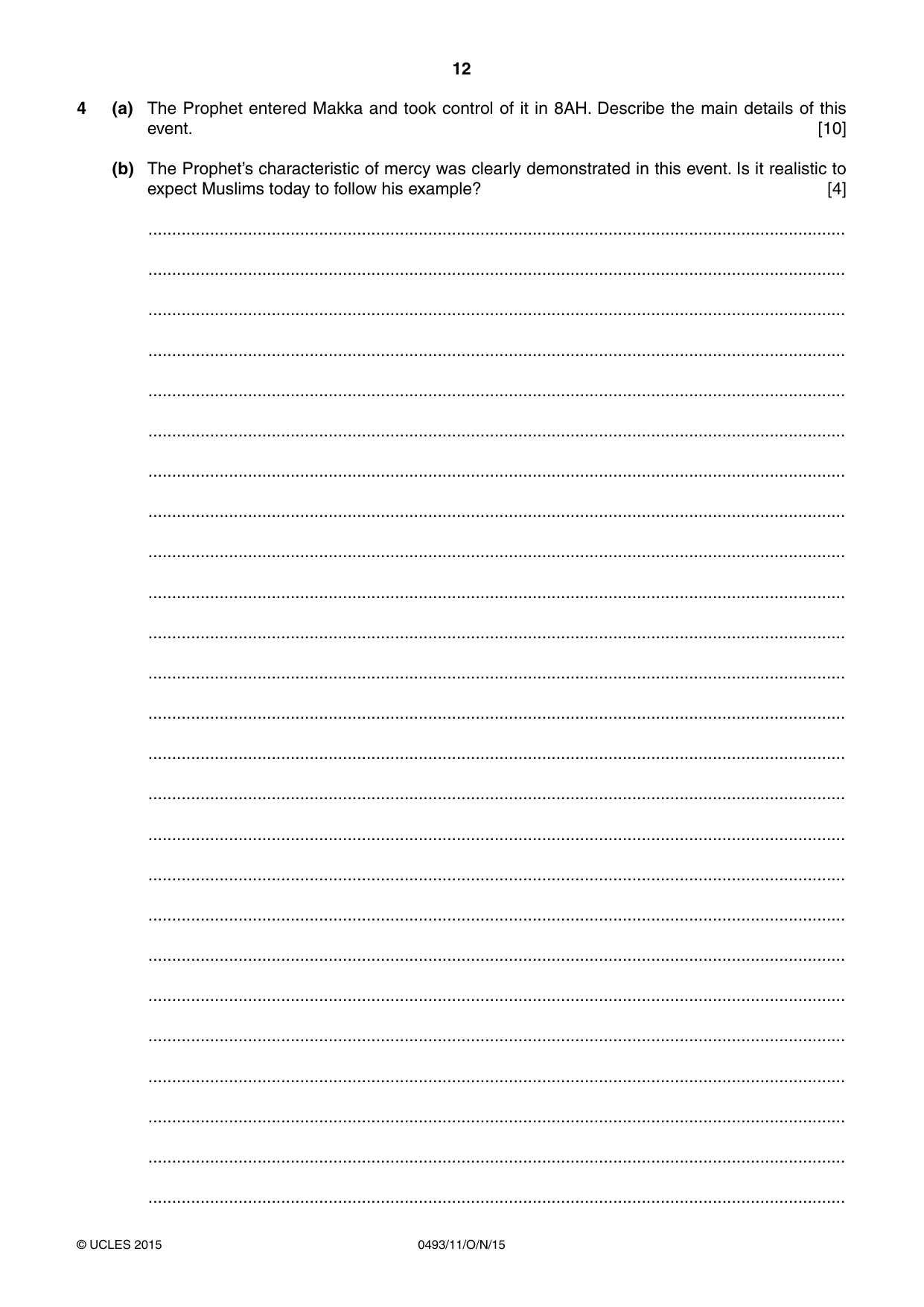 Cambridge IGCSE Islamiyat 0493 2015 Oct/Nov Paper 1 · Variant 1 question paper, page 12 of 20