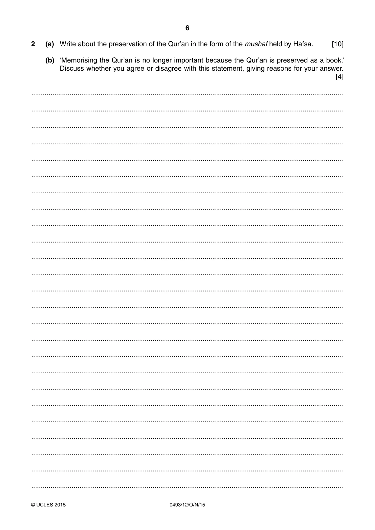 Cambridge IGCSE Islamiyat 0493 2015 Oct/Nov Paper 1 · Variant 2 question paper, page 6 of 20
