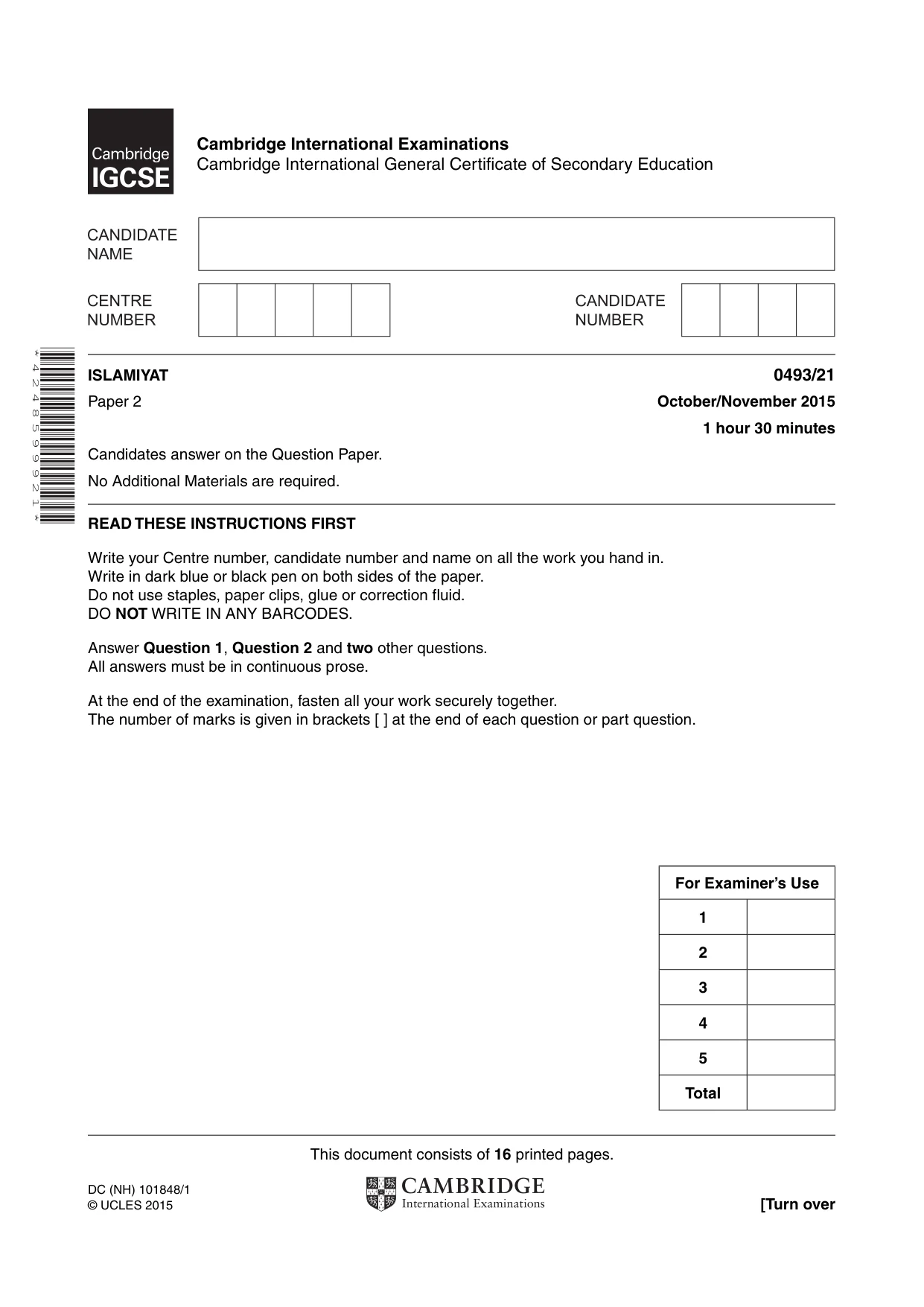 Cambridge IGCSE Islamiyat 0493 2015 Oct/Nov Paper 2 · Variant 1 question paper, page 1 of 16
