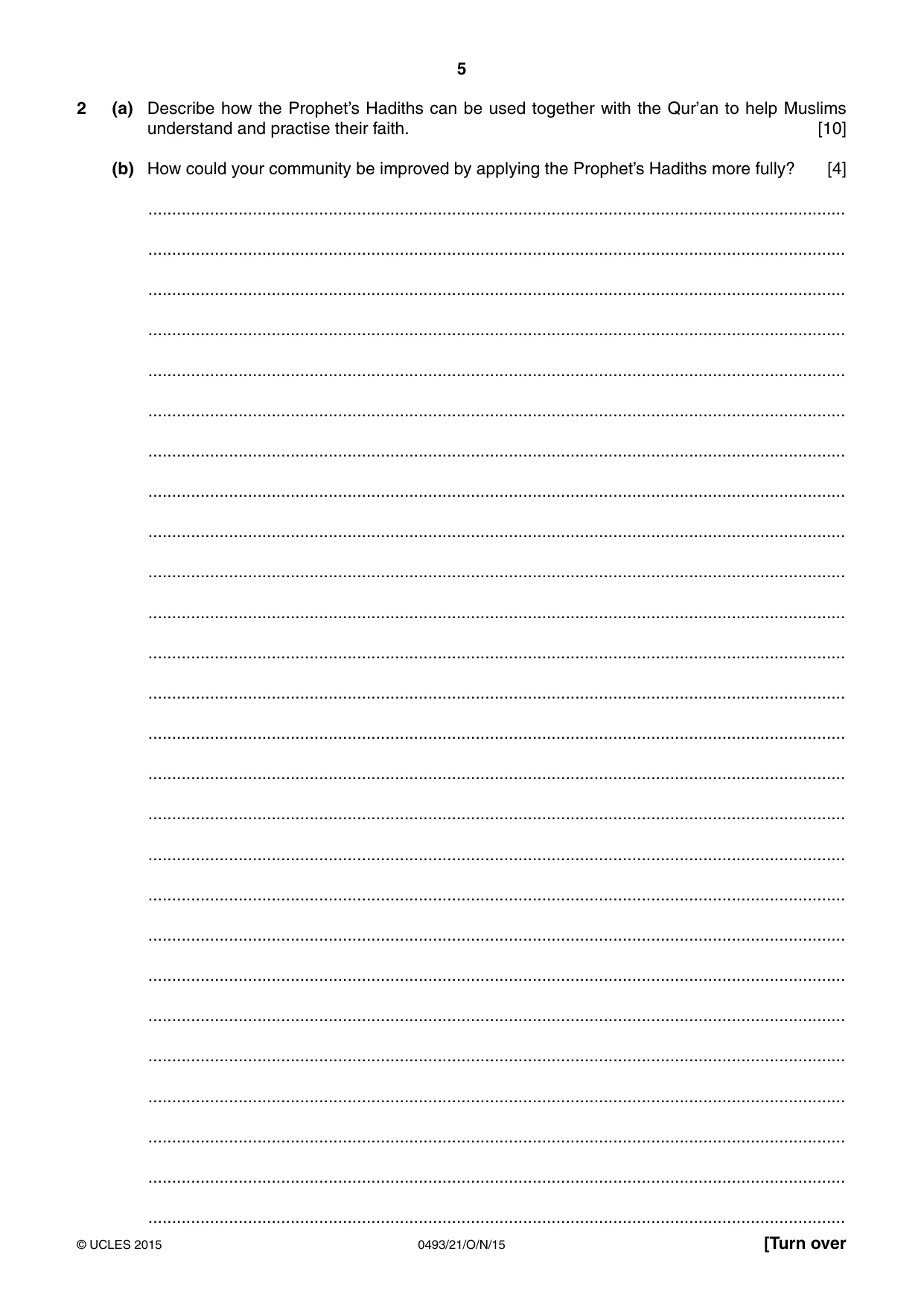 Cambridge IGCSE Islamiyat 0493 2015 Oct/Nov Paper 2 · Variant 1 question paper, page 5 of 16