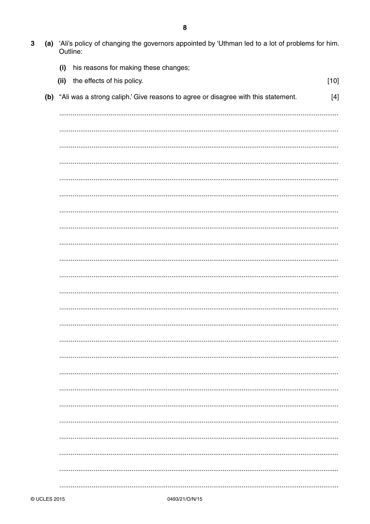 Cambridge IGCSE Islamiyat 0493 2015 Oct/Nov Paper 2 · Variant 1 question paper, page 8 of 16