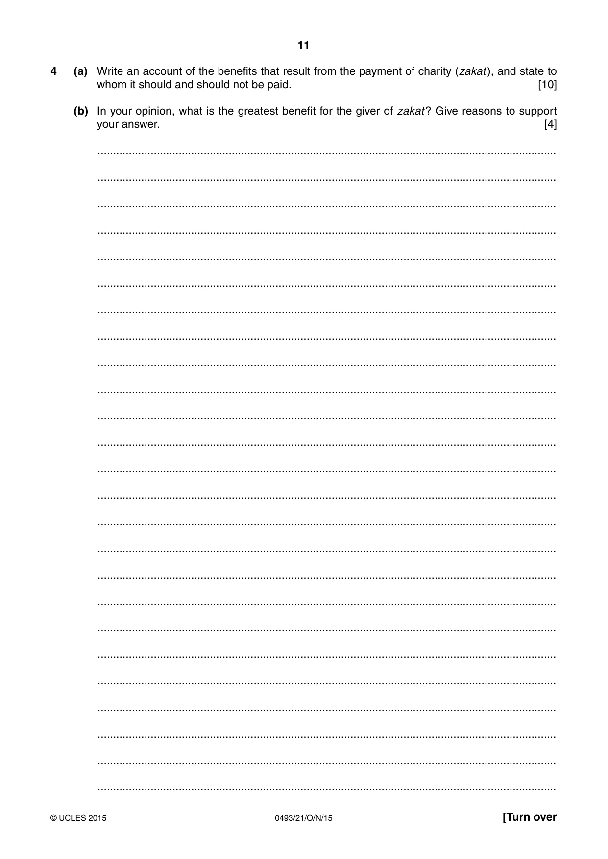 Cambridge IGCSE Islamiyat 0493 2015 Oct/Nov Paper 2 · Variant 1 question paper, page 11 of 16