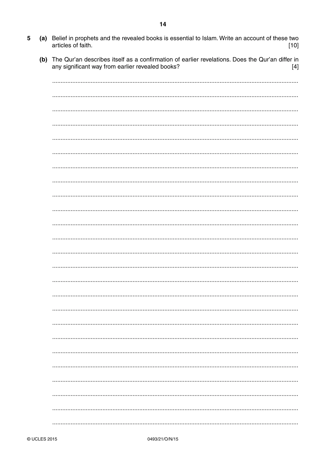 Cambridge IGCSE Islamiyat 0493 2015 Oct/Nov Paper 2 · Variant 1 question paper, page 14 of 16