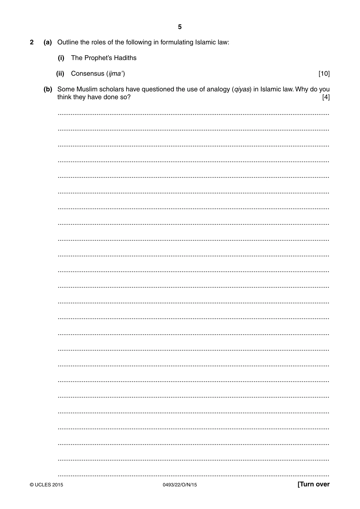 Cambridge IGCSE Islamiyat 0493 2015 Oct/Nov Paper 2 · Variant 2 question paper, page 5 of 16