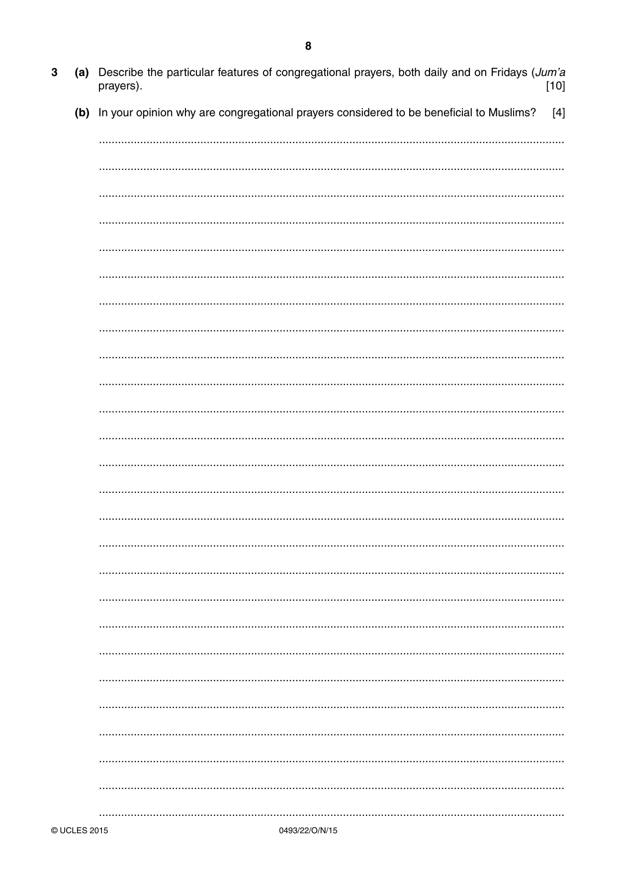 Cambridge IGCSE Islamiyat 0493 2015 Oct/Nov Paper 2 · Variant 2 question paper, page 8 of 16