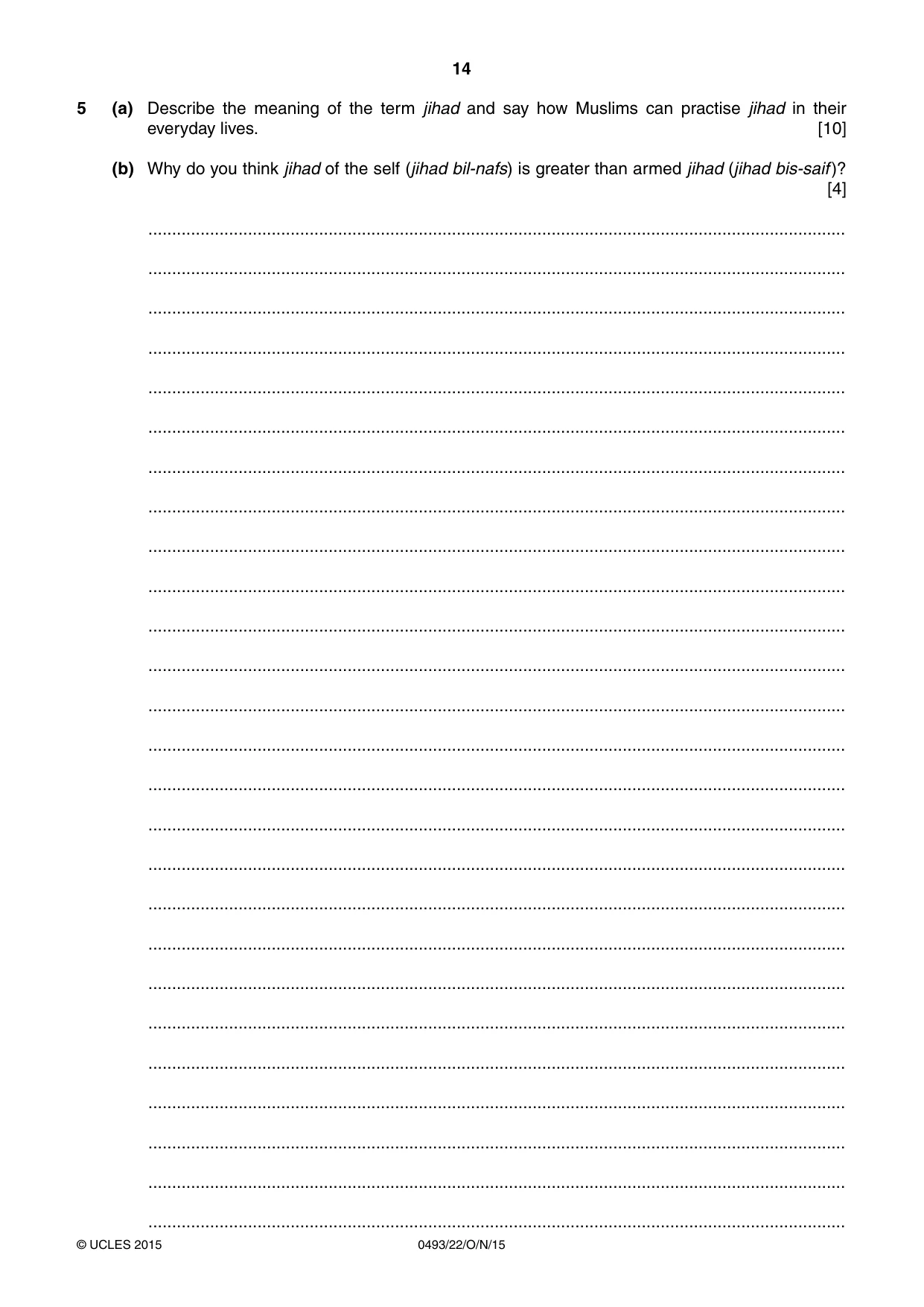 Cambridge IGCSE Islamiyat 0493 2015 Oct/Nov Paper 2 · Variant 2 question paper, page 14 of 16