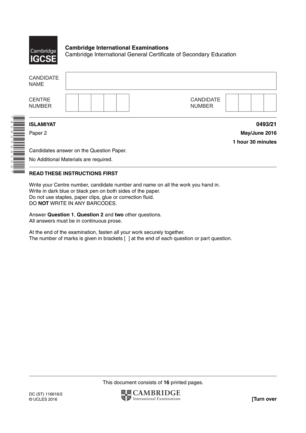 Cambridge IGCSE Islamiyat 0493 2016 May/June Paper 2 · Variant 1 question paper, page 1 of 16