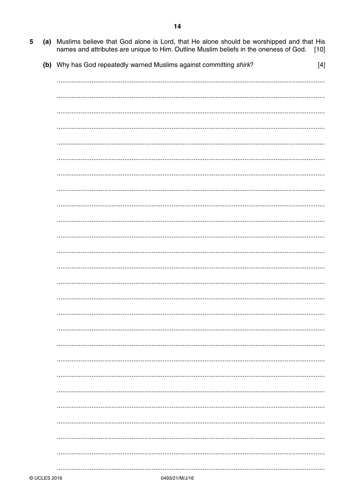 Cambridge IGCSE Islamiyat 0493 2016 May/June Paper 2 · Variant 1 question paper, page 14 of 16