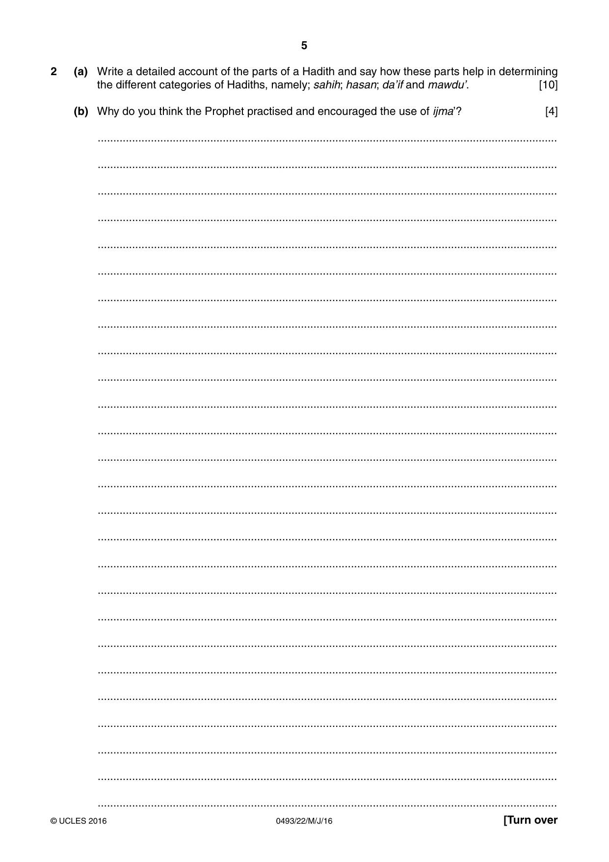 Cambridge IGCSE Islamiyat 0493 2016 May/June Paper 2 · Variant 2 question paper, page 5 of 16