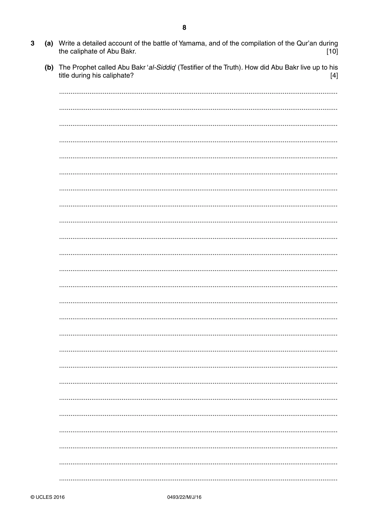 Cambridge IGCSE Islamiyat 0493 2016 May/June Paper 2 · Variant 2 question paper, page 8 of 16