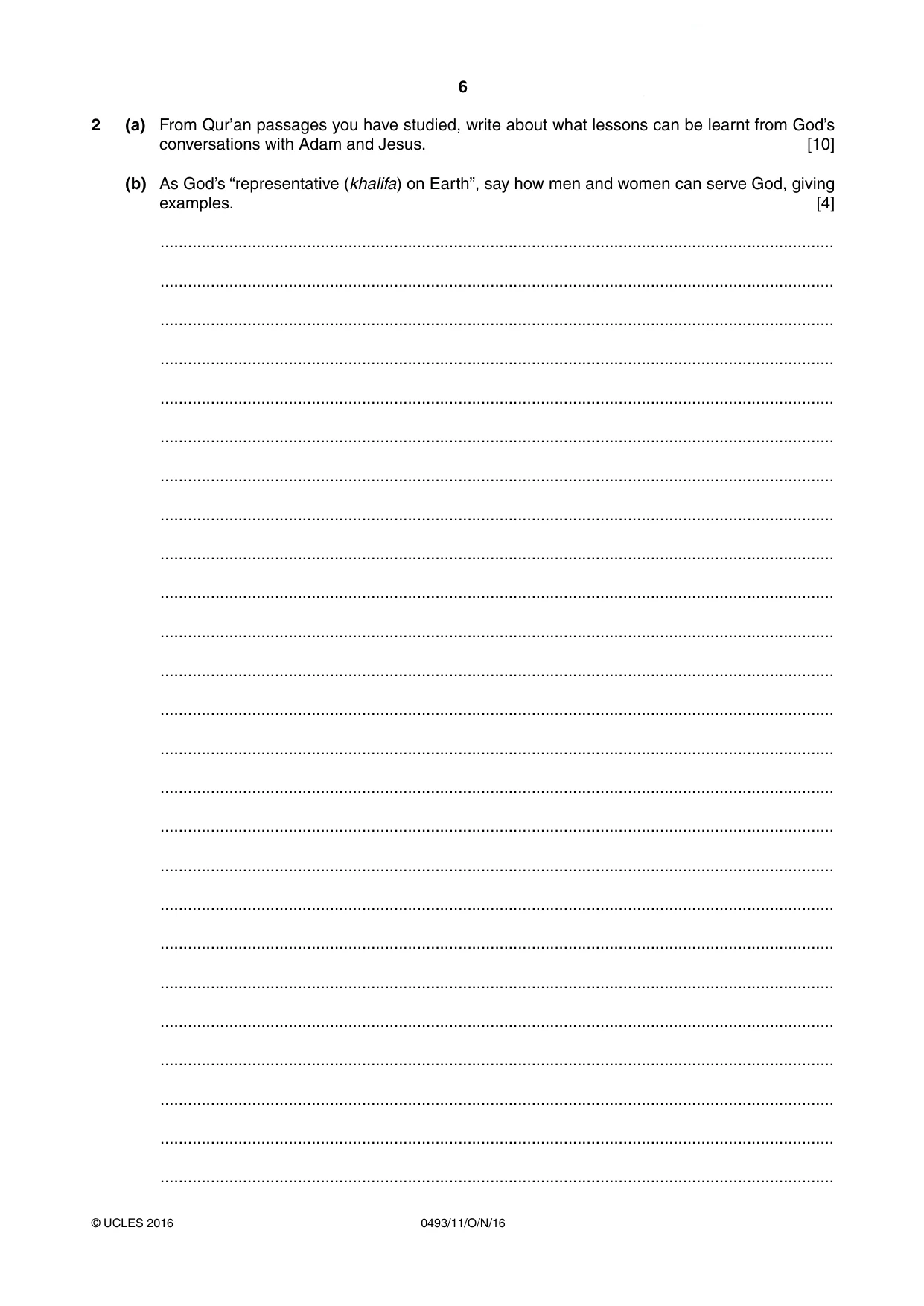 Cambridge IGCSE Islamiyat 0493 2016 Oct/Nov Paper 1 · Variant 1 question paper, page 6 of 20