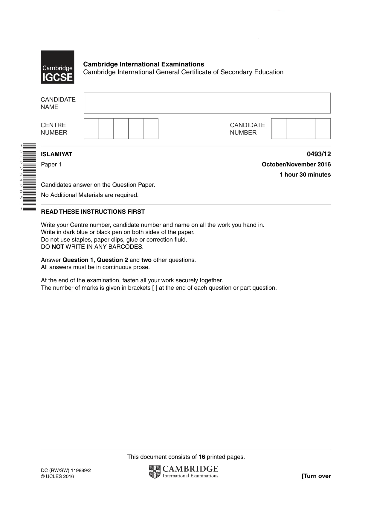 Cambridge IGCSE Islamiyat 0493 2016 Oct/Nov Paper 1 · Variant 2 question paper, page 1 of 16
