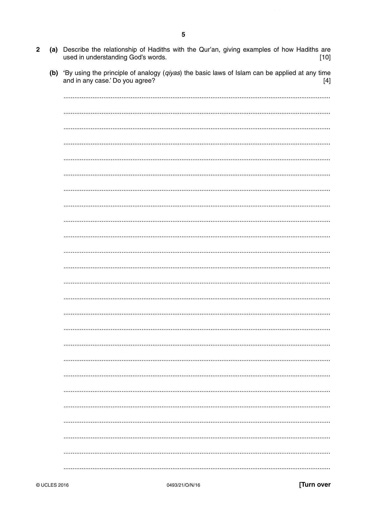 Cambridge IGCSE Islamiyat 0493 2016 Oct/Nov Paper 2 · Variant 1 question paper, page 5 of 16