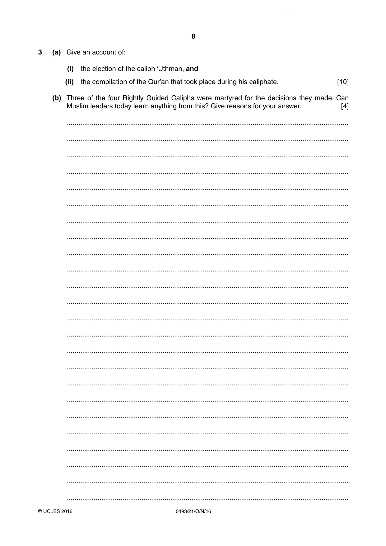 Cambridge IGCSE Islamiyat 0493 2016 Oct/Nov Paper 2 · Variant 1 question paper, page 8 of 16