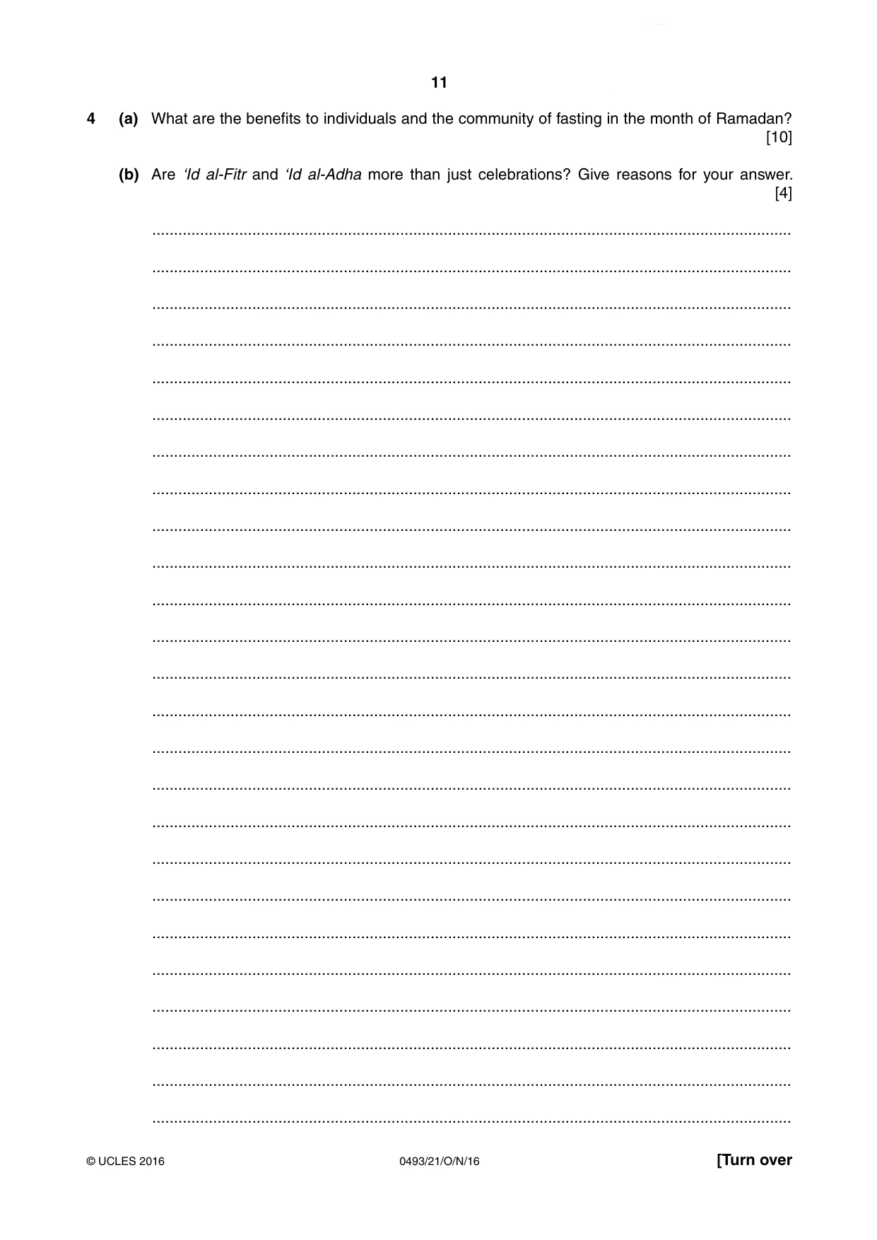Cambridge IGCSE Islamiyat 0493 2016 Oct/Nov Paper 2 · Variant 1 question paper, page 11 of 16