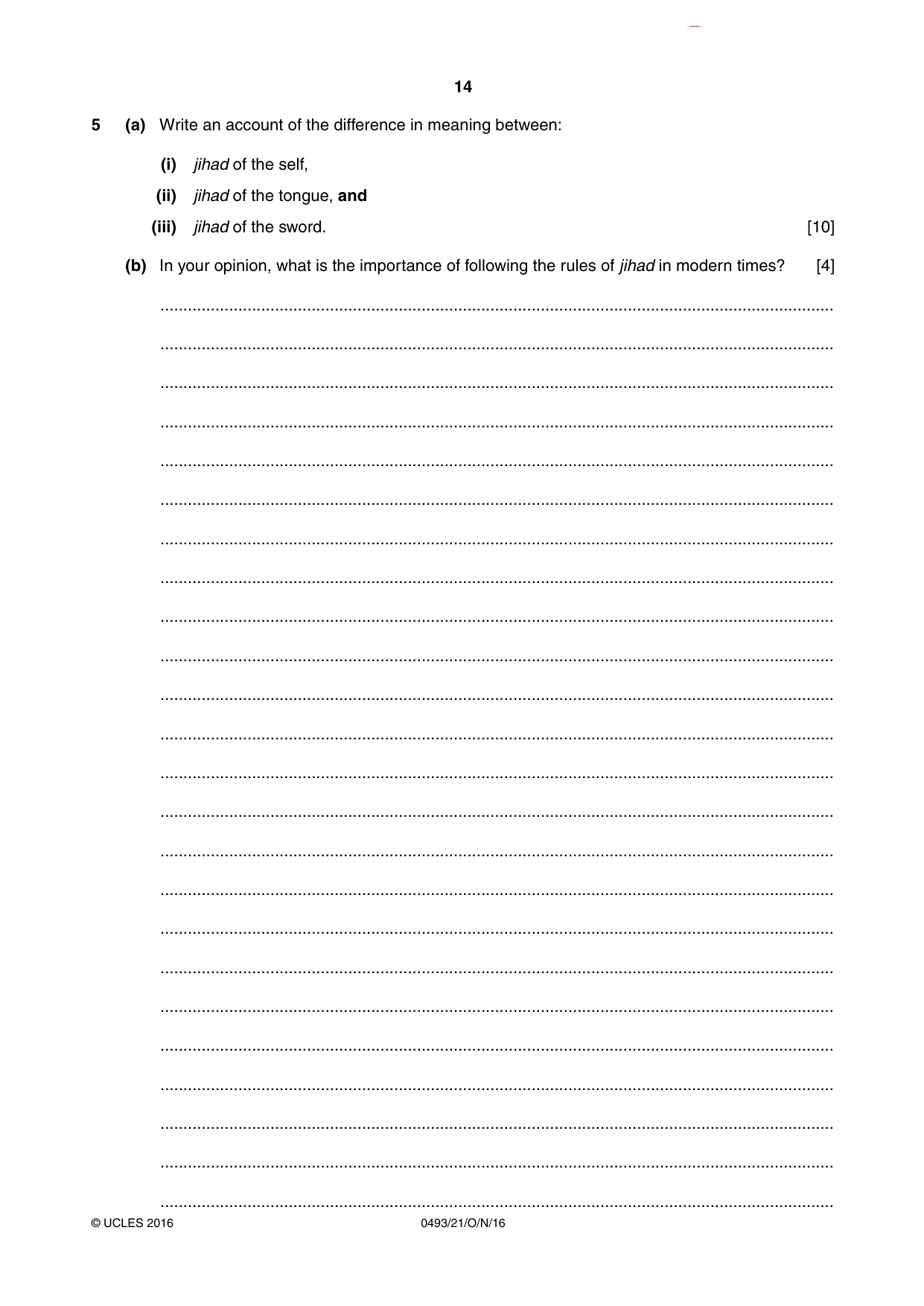 Cambridge IGCSE Islamiyat 0493 2016 Oct/Nov Paper 2 · Variant 1 question paper, page 14 of 16