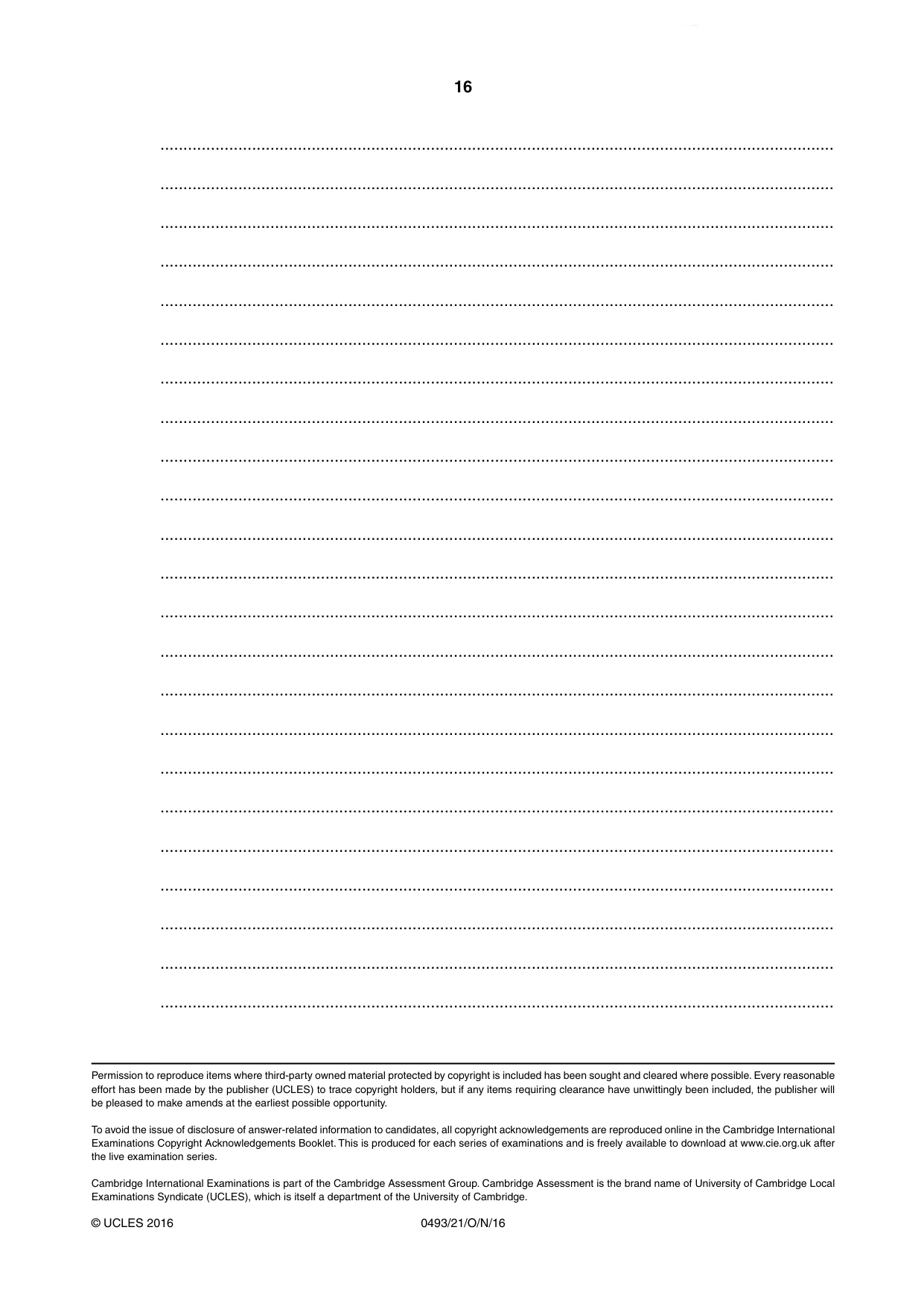 Cambridge IGCSE Islamiyat 0493 2016 Oct/Nov Paper 2 · Variant 1 question paper, page 16 of 16