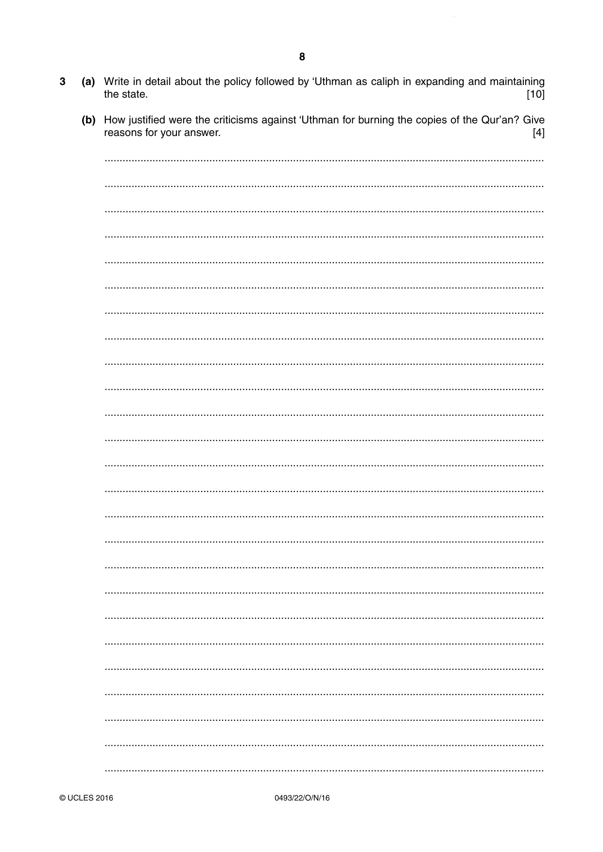 Cambridge IGCSE Islamiyat 0493 2016 Oct/Nov Paper 2 · Variant 2 question paper, page 8 of 16