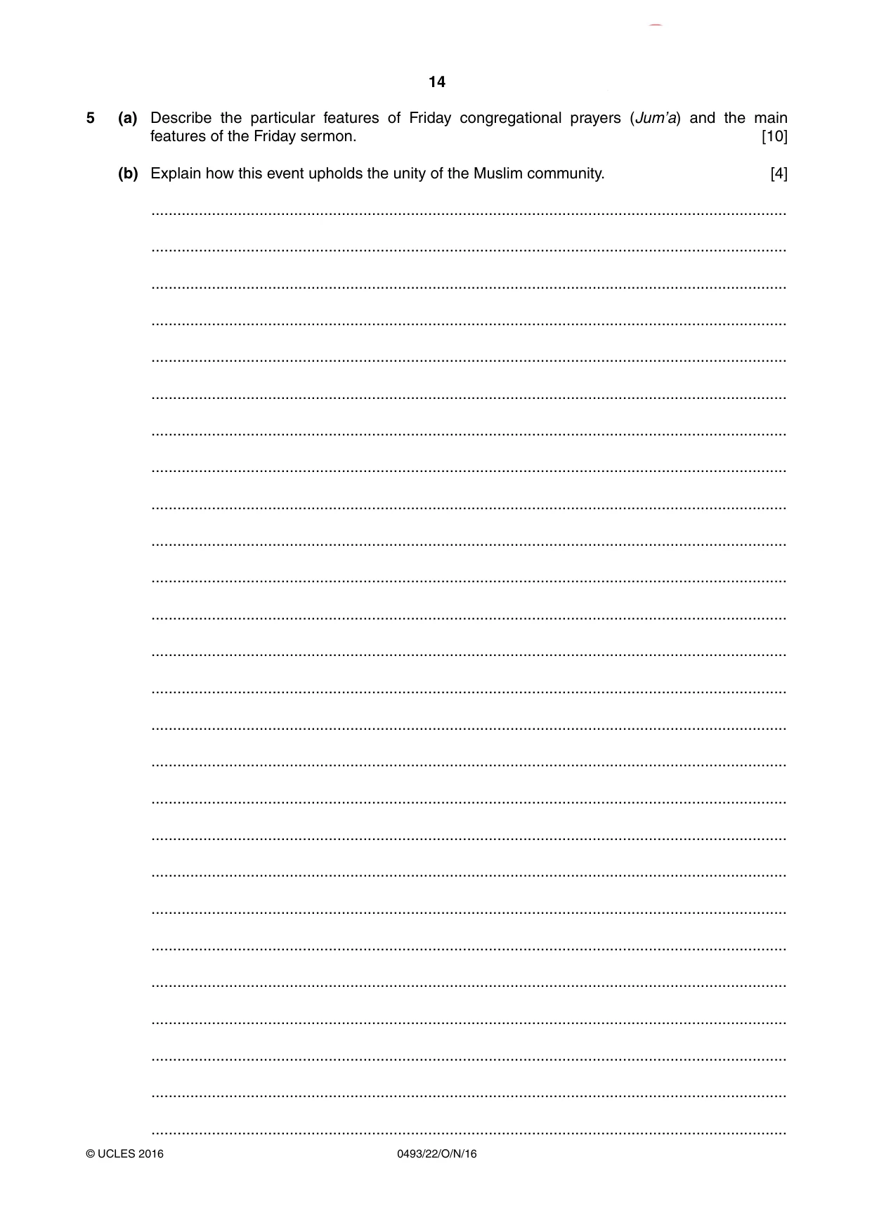 Cambridge IGCSE Islamiyat 0493 2016 Oct/Nov Paper 2 · Variant 2 question paper, page 14 of 16